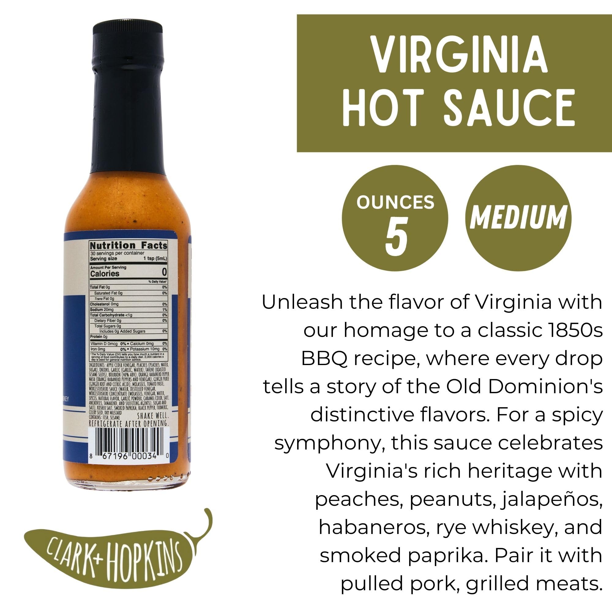 Clark + Hopkins Virginia Jalapeno Pepper Sauce with Peaches, Habanero & Whiskey - Medium Heat Hot Sauce (5 oz) - Perfect for Tacos, Wings & BBQ Glazes