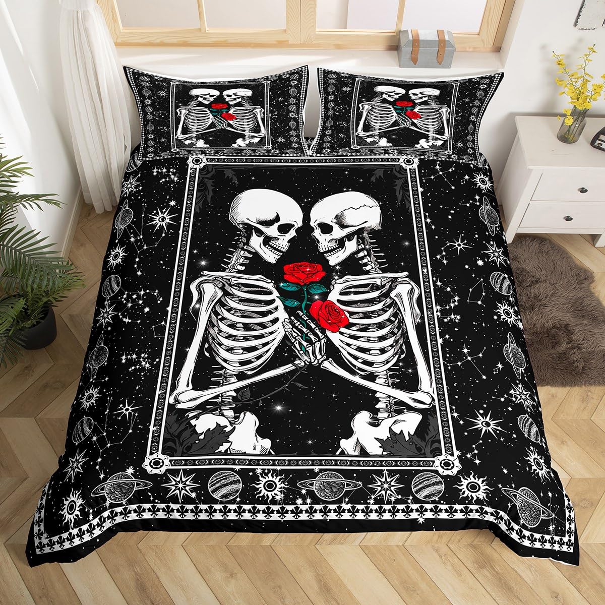 Kids Skull Bedding Set - Sugar Skull & Kissing Lovers Skeleton Comforter Cover with Zipper, Twin Size Galaxy Constellation Quilt for Boys & Girls | Ultra Soft Bedroom Decor for Halloween, Dorm Room & Teen Bedding