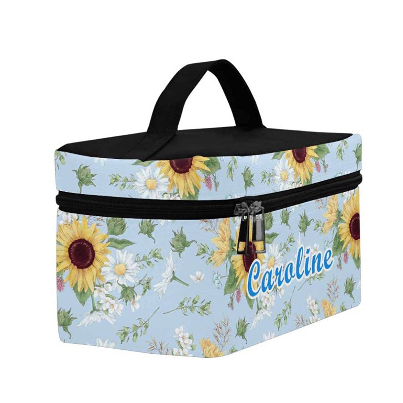 Personalized Waterproof Makeup Bag for Women Travel & Toiletry - Blue Sunflower Design