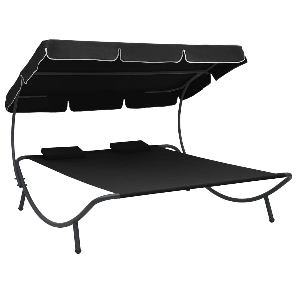 SKM Patio Lounge Bed with Canopy & Pillows - Outdoor Daybed for Poolside, Garden, or Patio Relaxation - Black Weather-Resistant Furniture