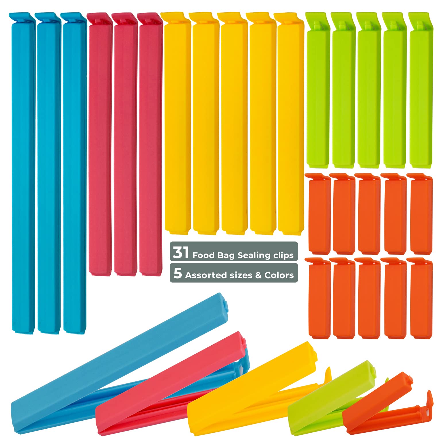 31-Pack Reusable Plastic Food Bag Clips - 5 Sizes & Colors for Snacks, Coffee, Chips, Cereal | Airtight Sealing for Kitchen Storage & Organization (Perfect for Pantry, Picnics, Travel)