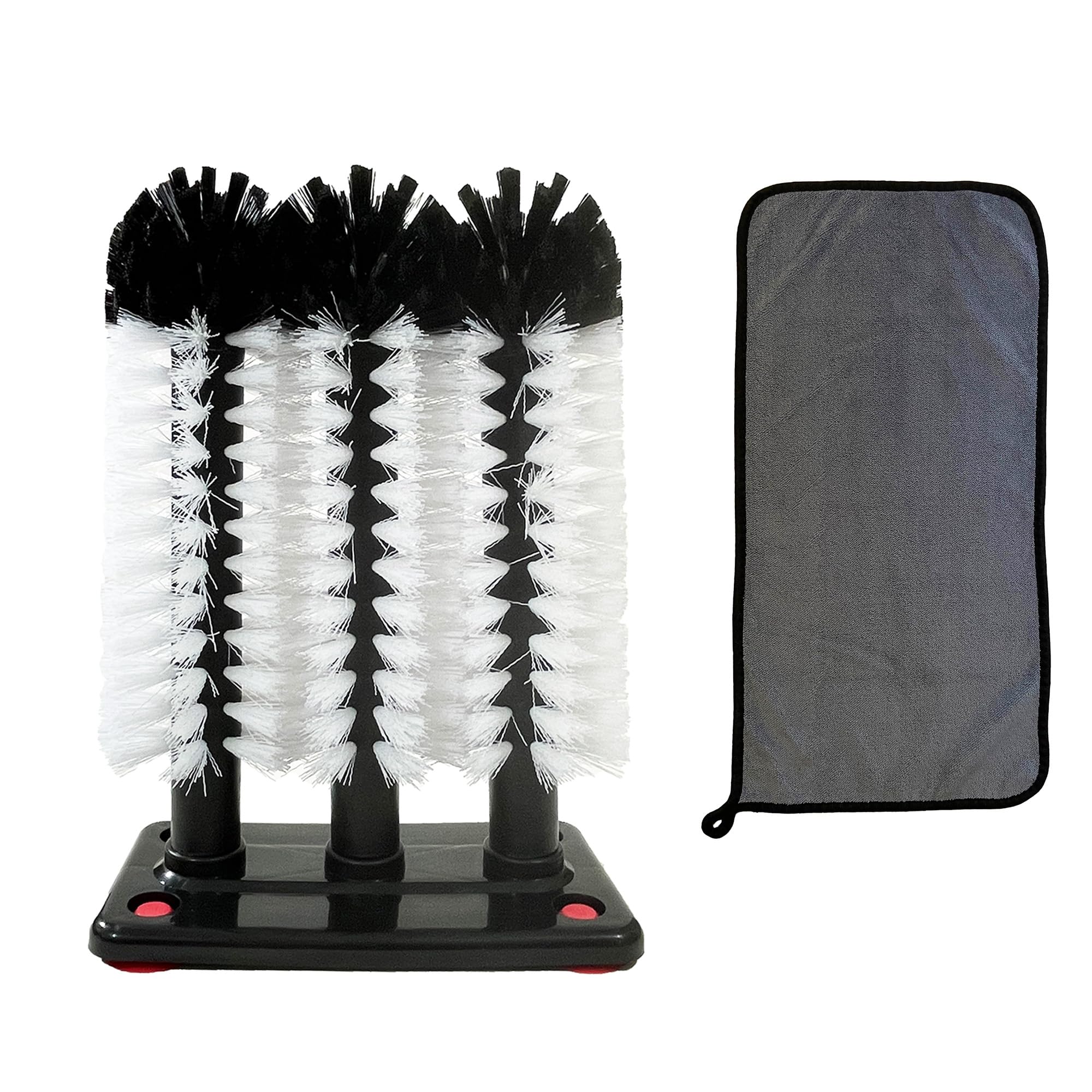 Glass Washer Brush Set - 3-in-1 Bar Glass Cleaner with Suction Cups for Large Cups, Wine Glasses & Bottles - Non-Slip Kitchen Sink Brush with Cleaning Cloth - Perfect for Bar, Restaurant & Home Dishwashing