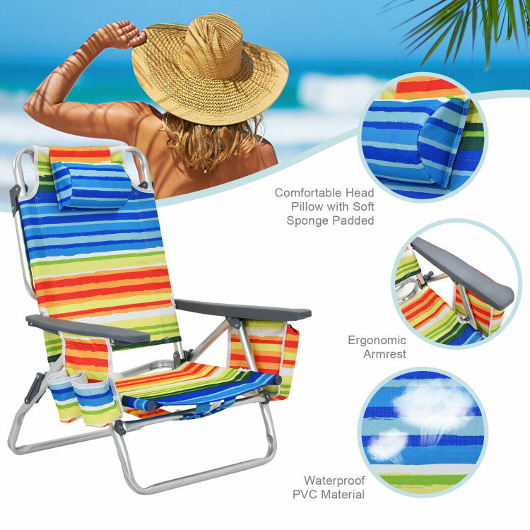 Costway 4-Pack Beach Chairs - Adjustable 5-Position Reclining Folding Chairs with Pillow for Outdoor, Poolside, Camping & Backyard Relaxation