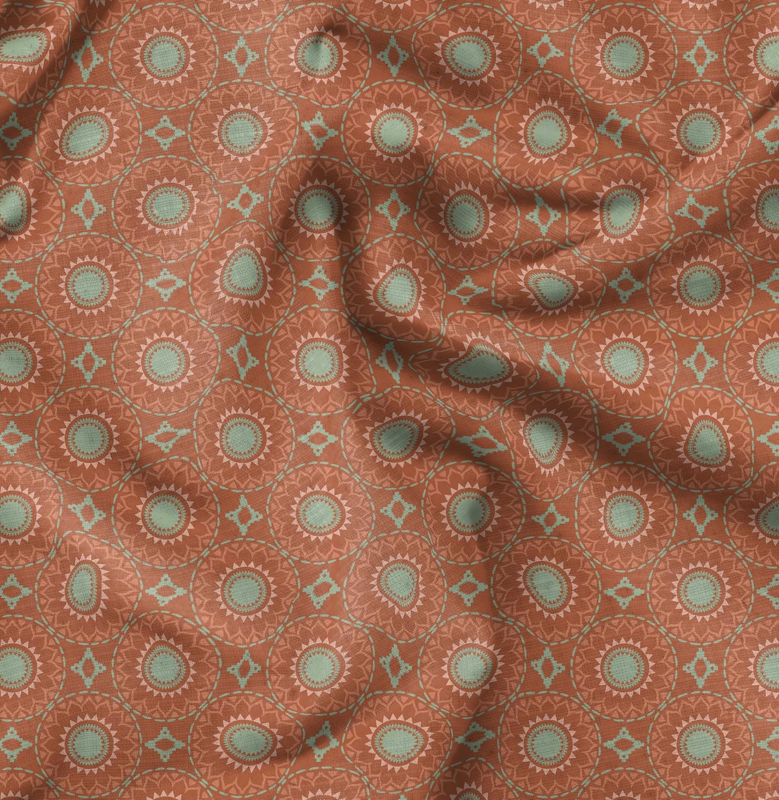 Soimoi Orange Polyester Crepe Fabric by The Yard - 52 Inch Wide Mandala Geometric Print Bohemian Style Fabric for DIY Fashion, Home Decor & Craft Projects - Perfect for Dresses, Curtains & Boho Decorations