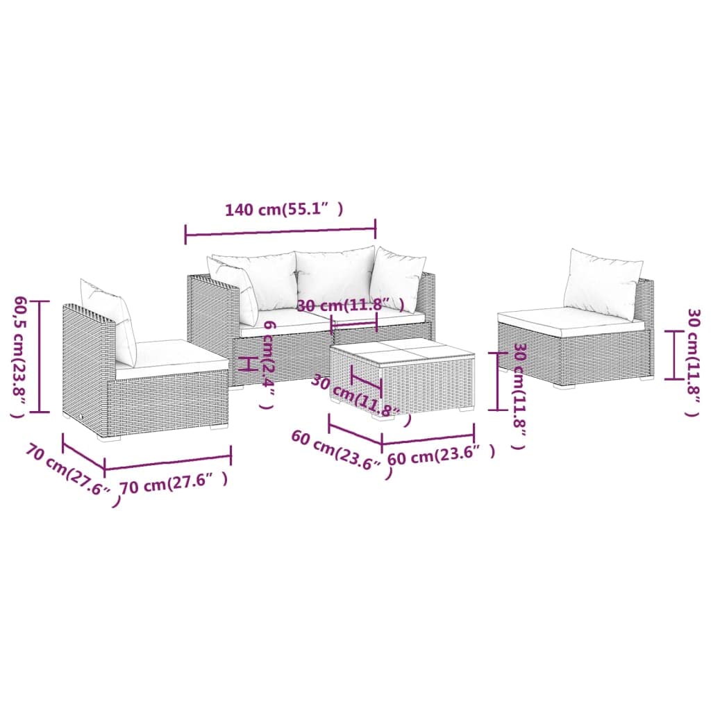 vidaXL 5-Piece Patio Lounge Set - Brown Poly Rattan Outdoor Garden Furniture with Cushions, Sectional Corner Sofa for Backyard, Poolside & Terrace Relaxation