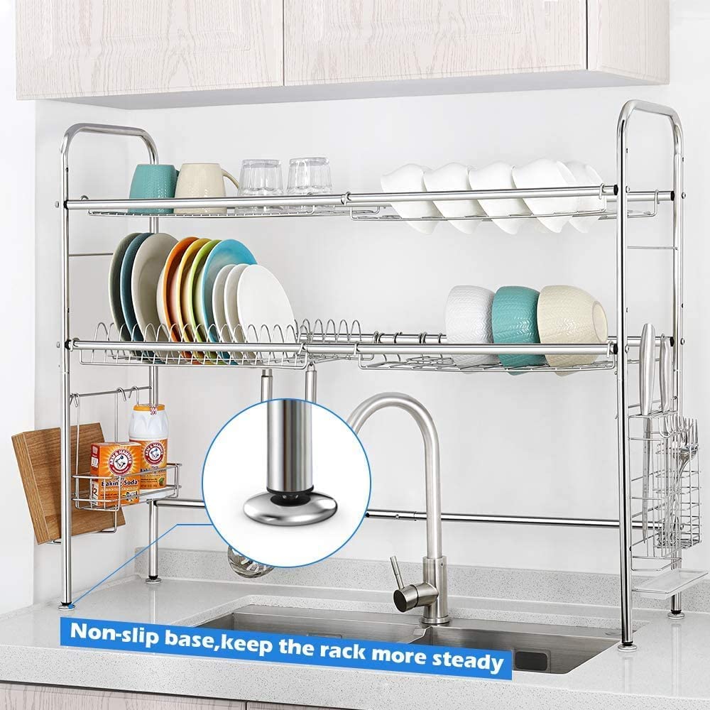 2-Tier Stainless Steel Over The Sink Dish Drying Rack - Adjustable Large Kitchen Shelf with Utensil Holder (Fits Sinks ≤35 Inch) | Space-Saving Solution for Small Kitchens & Dish Organization