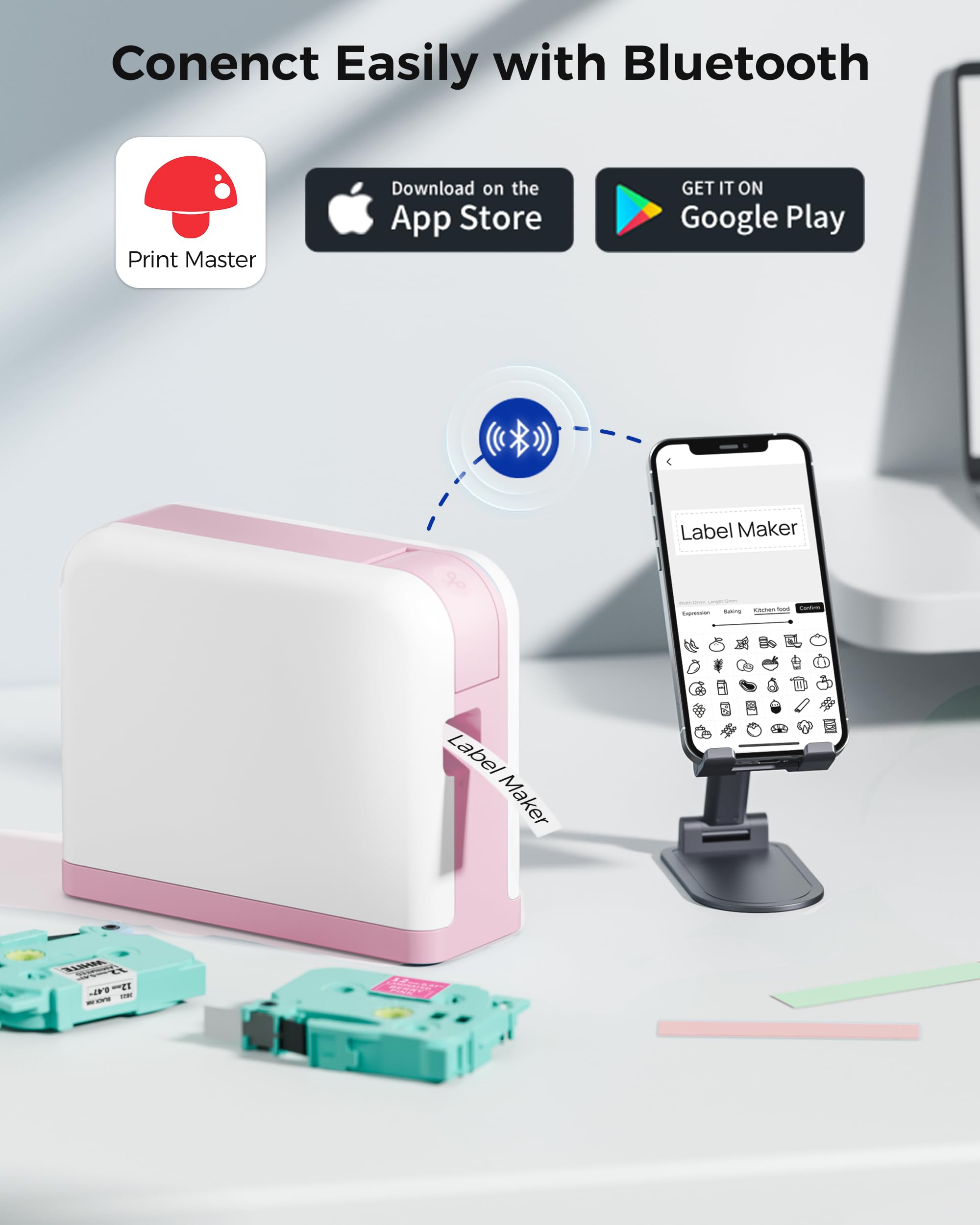 Bluetooth Label Maker Machine with Tape - P3200 Portable Handheld Sticker Printer for Office & Home Use, Mini DIY Labeling Device - Perfect for Organizing, Gift Wrapping & Craft Projects (Pink)