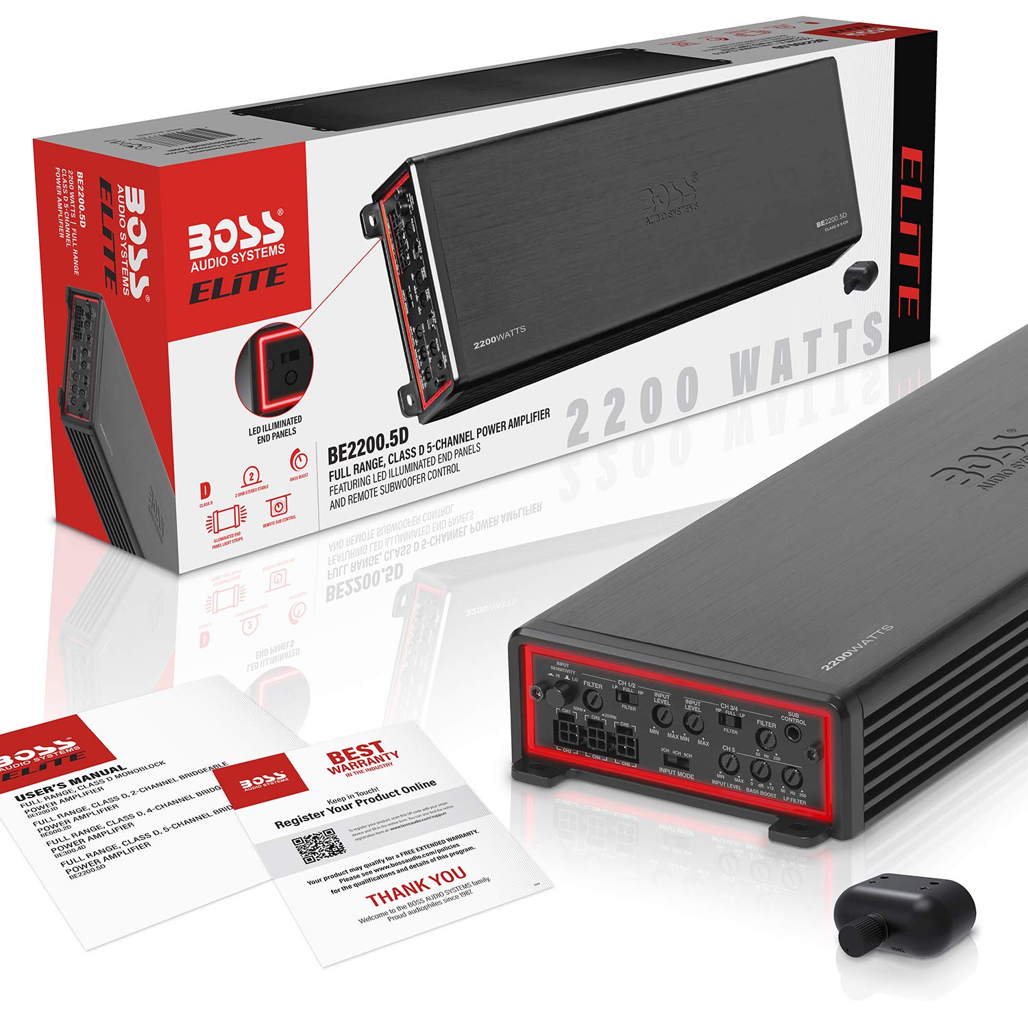 BOSS Audio Systems Elite BE2200.5D 5 Channel Class D Car Amplifier - 2200W High Power, 2 Ohm Stable, Digital Full Range Audio, MOSFET Power Supply | Perfect for Car Audio Systems, Home Theater Speakers & Subwoofers | Enhance Your Music, Movies & Gaming Experience