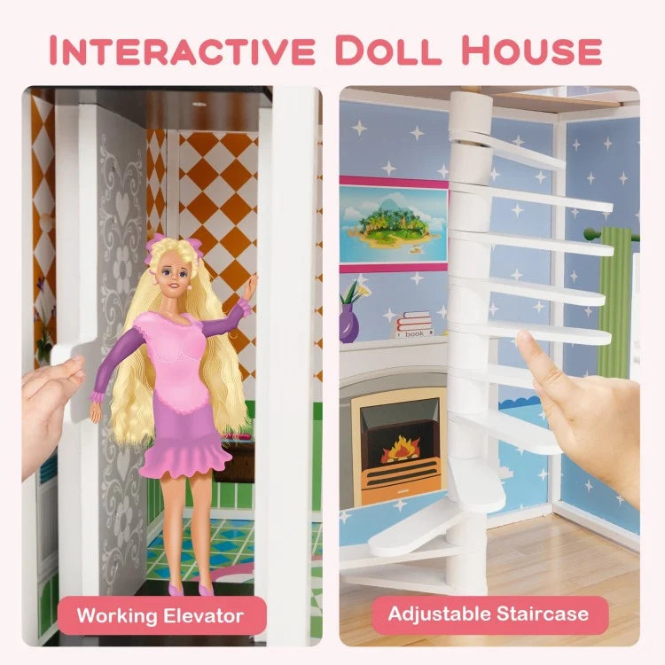 Pink Wooden Dollhouse with Functional Elevator & Rotating Staircase - Perfect for Kids' Pretend Play & Room Decor