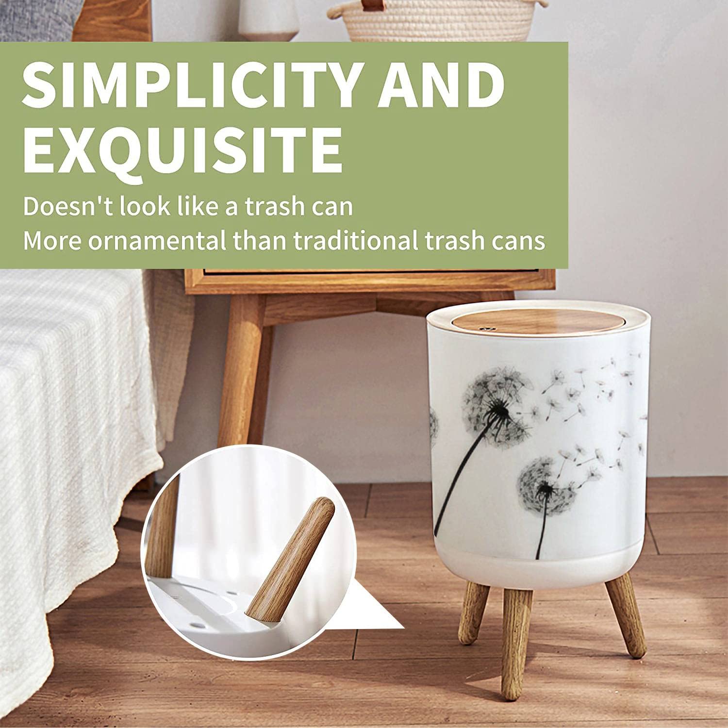 Small Trash Can with Lid - 1.8 Gallon Round Waste Bin with Press Cover, Abstract Dandelion Design, Dog Proof Garbage Bin for Kitchen, Bathroom, Living Room - Perfect for Home, Office & Dorm Use