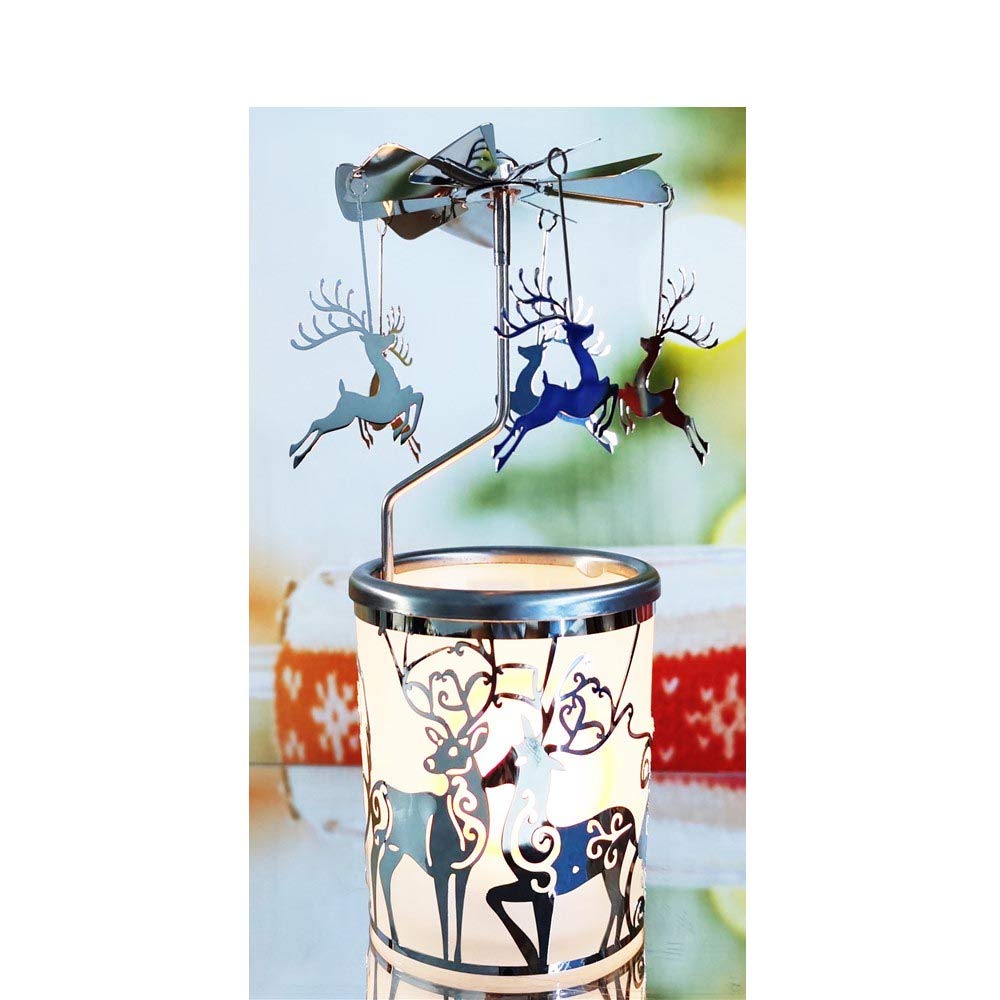 Rotating Carousel Candle Holder - Spinning Metal Tea Light Candlestick for Home Decor (Silver Reindeer Design) | Perfect for Christmas Decorations, Wedding Centerpieces & Cozy Ambiance
