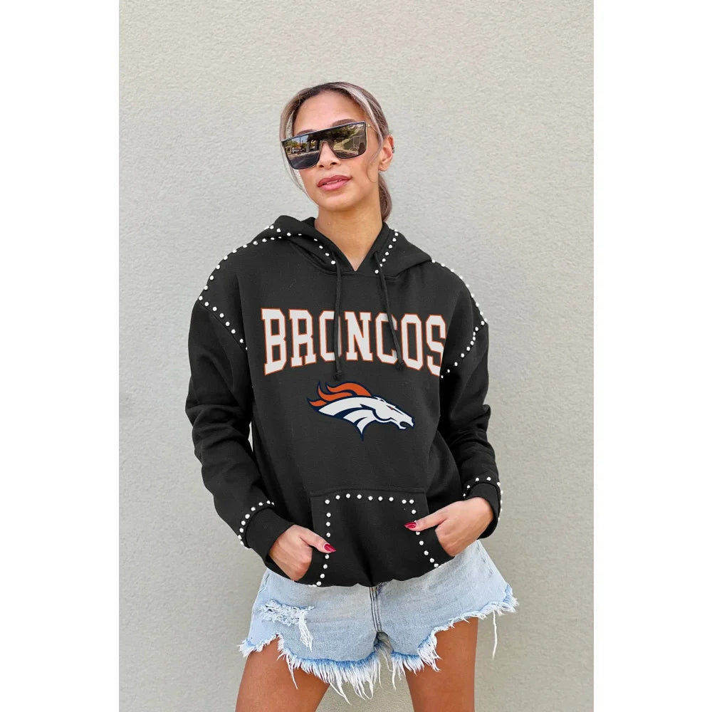 Denver Broncos Women's Studded Pullover Hoodie - NFL Football Team Apparel for Game Day & Casual Wear - Cozy Fleece Sweatshirt for Fans & Supporters