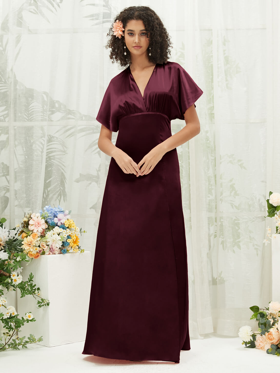 Elegant Cabernet V-Neck Short Sleeve Satin Maxi Bridesmaid Dress with High Slit - Perfect for Weddings, Formal Events & Evening Parties