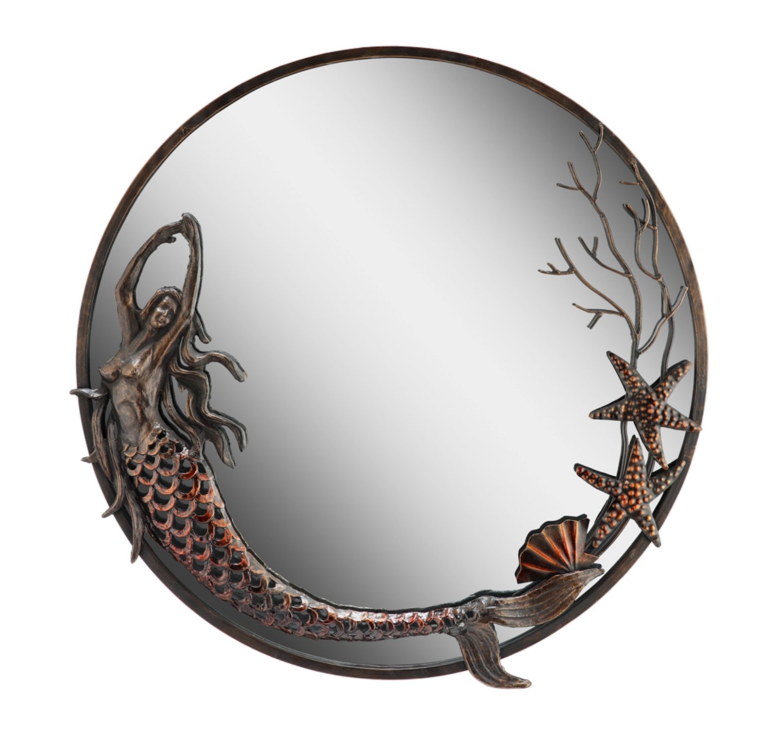 Zeckos SPI Aluminum Frame Mermaid Round Mirror - Elegant Bathroom Wall Decor for Vanity, Makeup & Home Decoration - Perfect for Bathrooms, Bedrooms & Entryways
