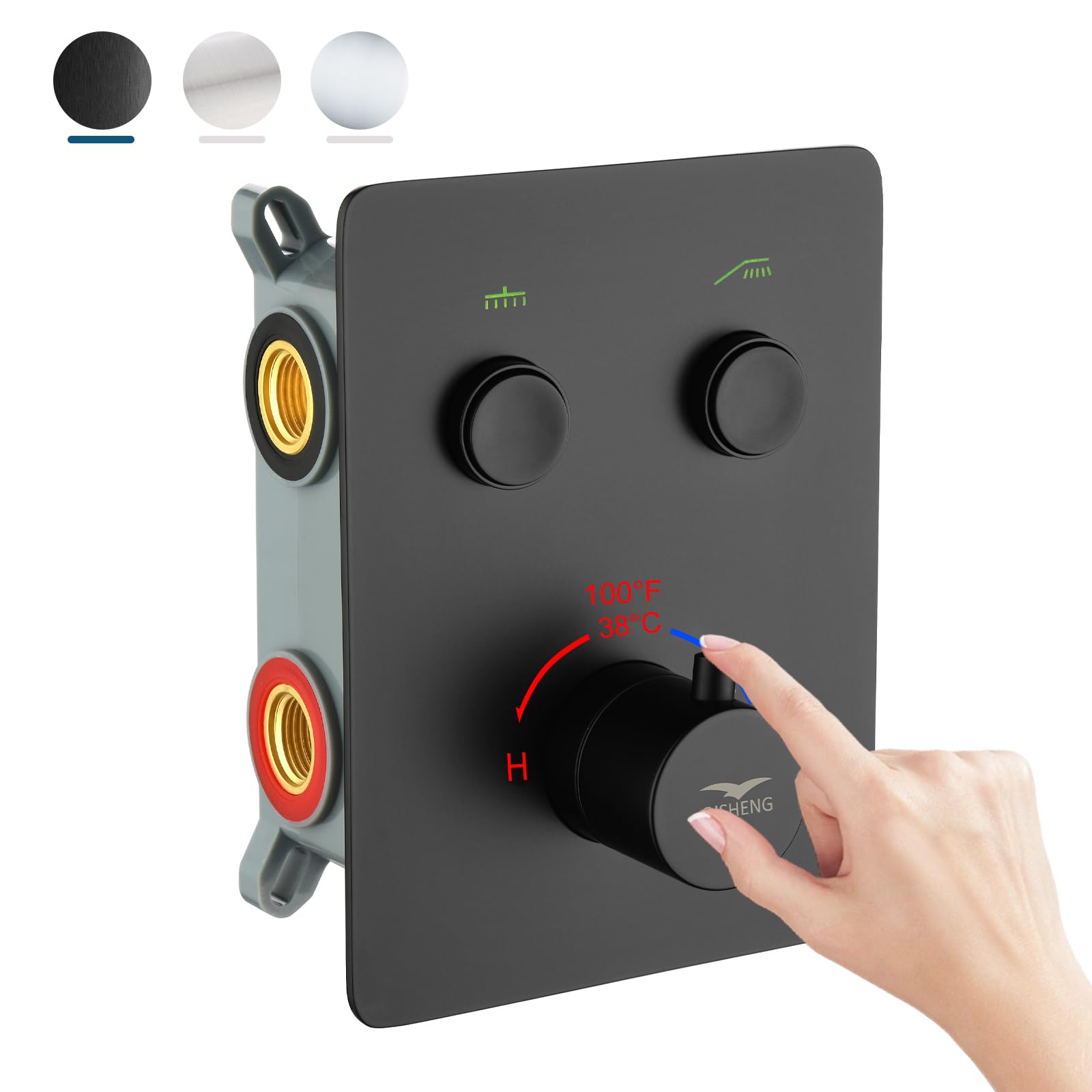 QISHENG Thermostatic Shower Diverter Valve - 2 Way Push Button Shower Valve Kit, Black Wall Mounted Bathroom Fixture for Simultaneous Use | Perfect for Bathroom Renovation & Shower System Upgrade