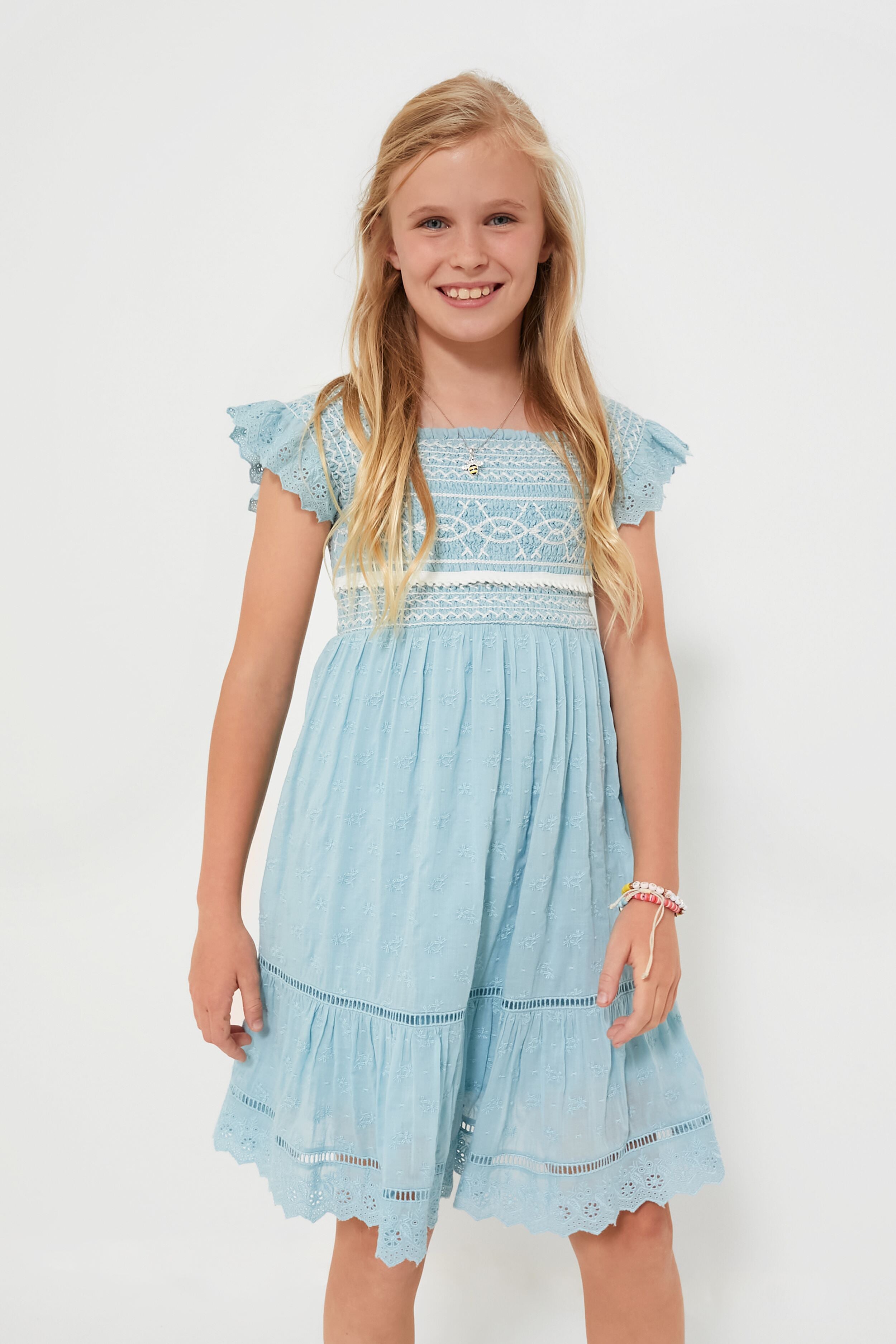 Blue Olga Hand Smocking Short Sleeve Smocked Dress for Women - Elegant Summer Casual Dress for Beach, Party & Vacation Wear