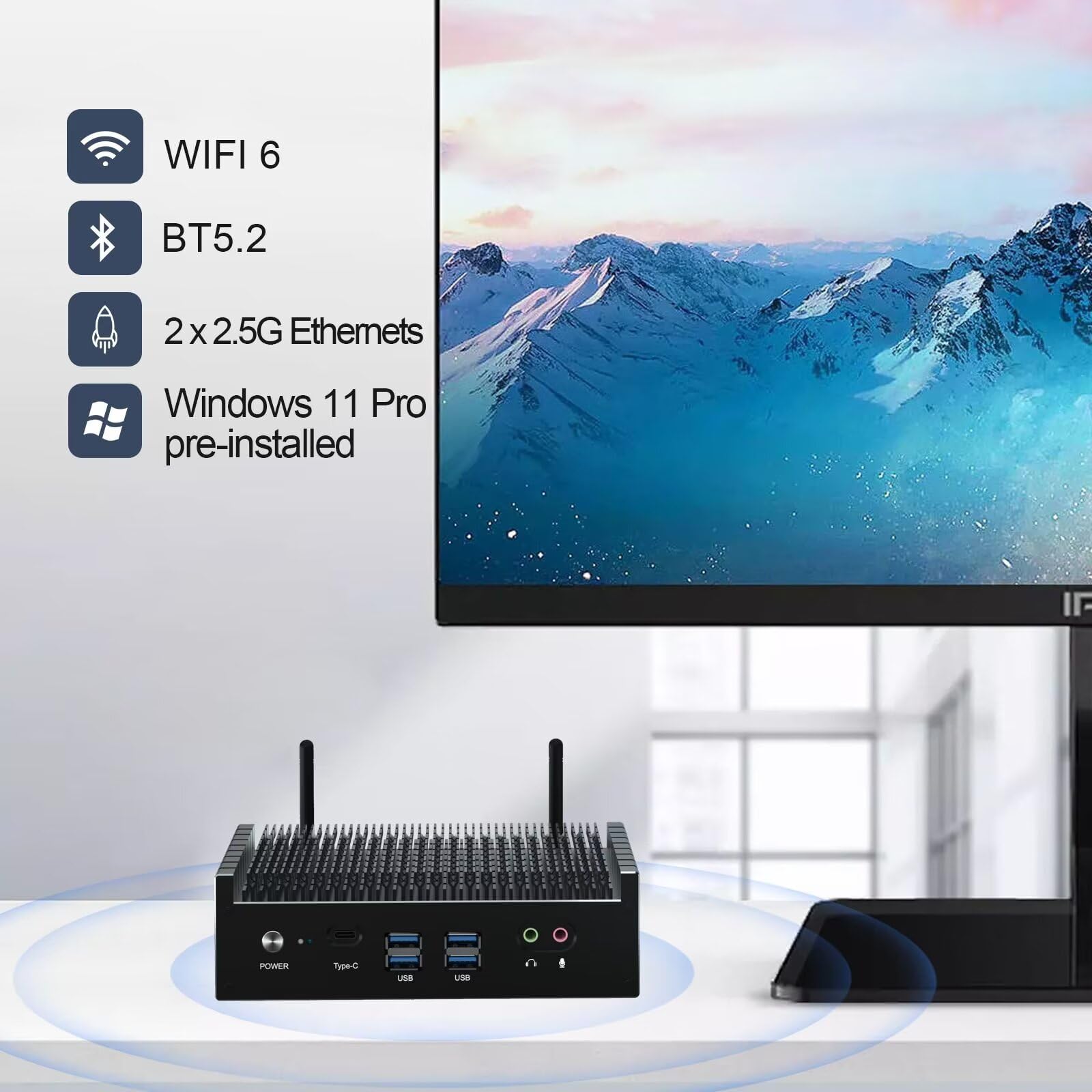 VENOEN Fanless Mini PC 13th Gen Intel Core i7-1355U, 32GB RAM 1TB SSD, Triple Display (HDMI/DP/USB-C), Dual 2.5G LAN, WiFi 6, BT 5.2 - Compact Desktop Computer for Home Office, Digital Signage & Media Center