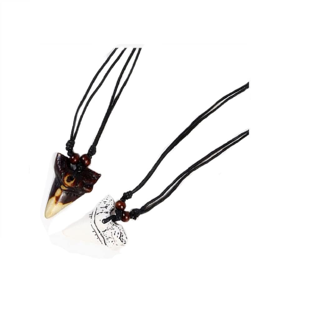 2Pcs Artificial Bone Carving Shark Tooth Pendant Necklace Set - Adjustable Leather Cord for Men, Surfer Jewelry - Perfect for Beach Parties, Summer Fashion & Prehistoric Style Accessories
