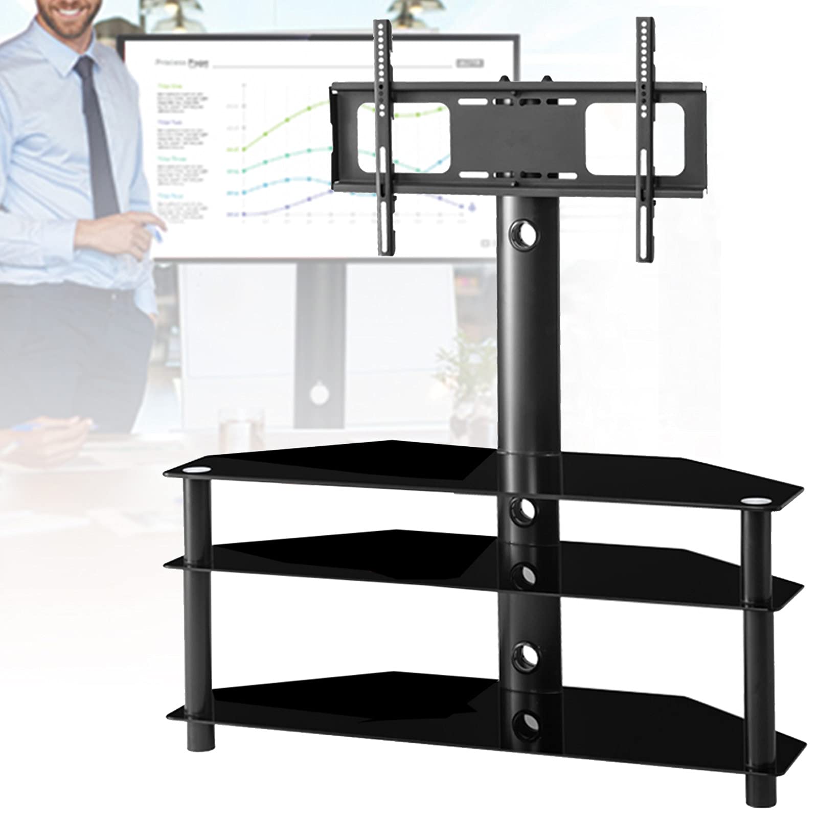 360° Swivel TV Stand for 32-65 Inch Flat/Curved Screens - Adjustable Height Corner TV Mount with 3-Tier Shelves (Holds 110 lbs, Black) - Perfect for Living Rooms, Bedrooms & Home Theaters