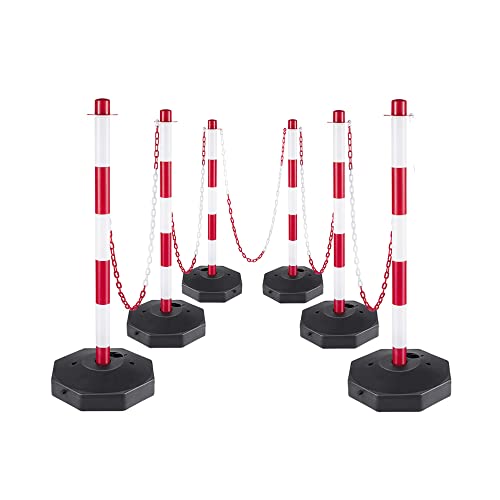 6 Pack Traffic Delineator Cones with Fillable Base - Adjustable Safety Barriers, 5Ft Reflective Plastic Chains - PE Construction for Road Work, Parking Lots & Event Safety (Red & White) - Perfect for Construction Zones, School Areas & Traffic Control