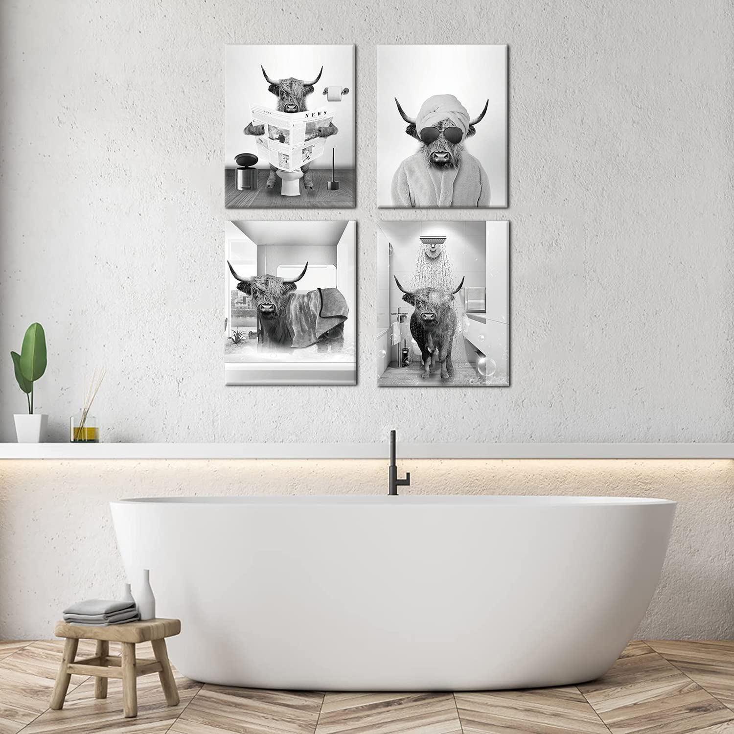 Funny Cow Wall Art Set - 4 Framed Bathroom Pictures (12x16in) for Farmhouse & Kids Decor