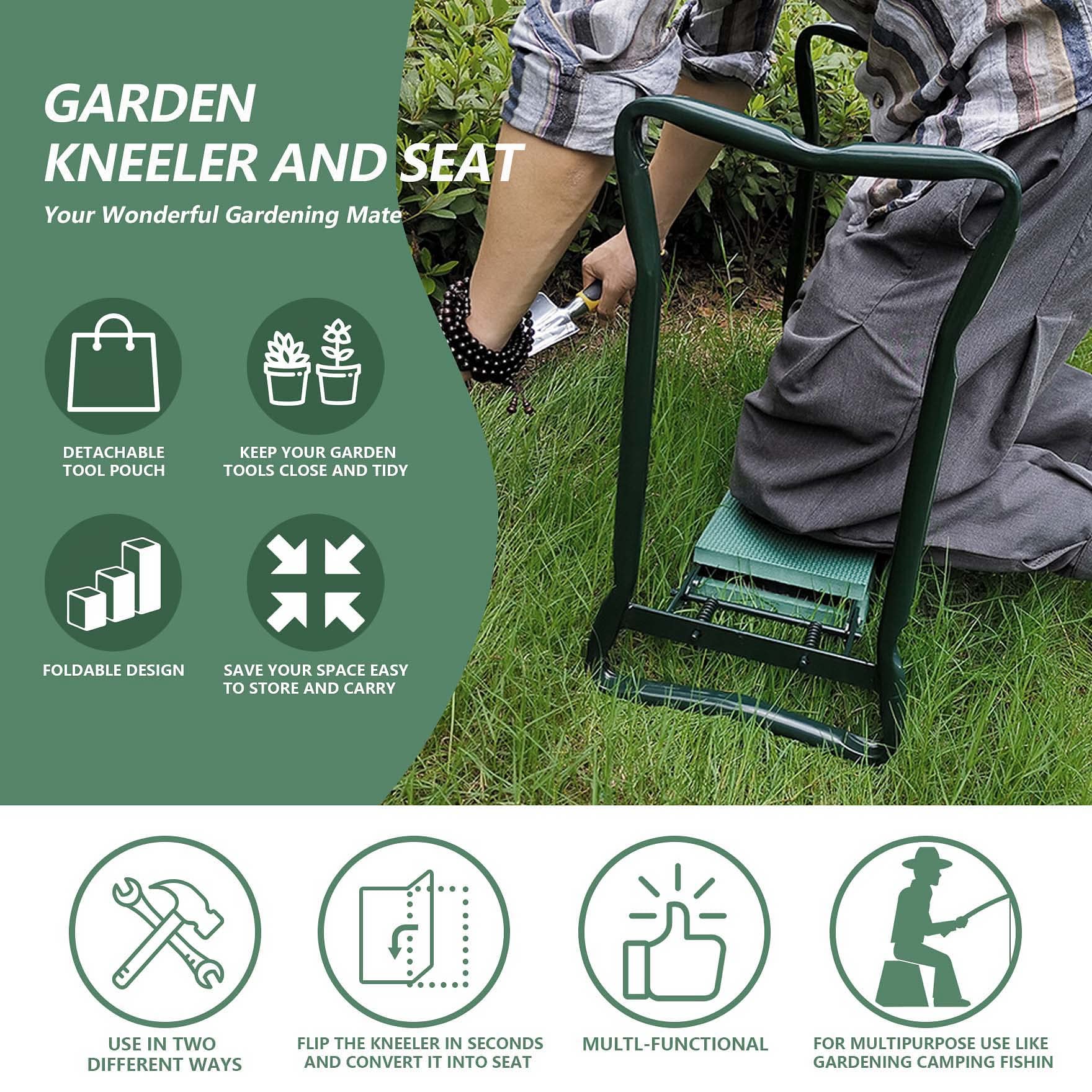 Foldable Garden Kneeler and Seat with EVA Foam Pad & Tool Pouch - Ergonomic Kneeling Bench with Handles for Gardening, Weeding, Planting - Perfect Outdoor Kneeling Stool for Seniors & Gardeners