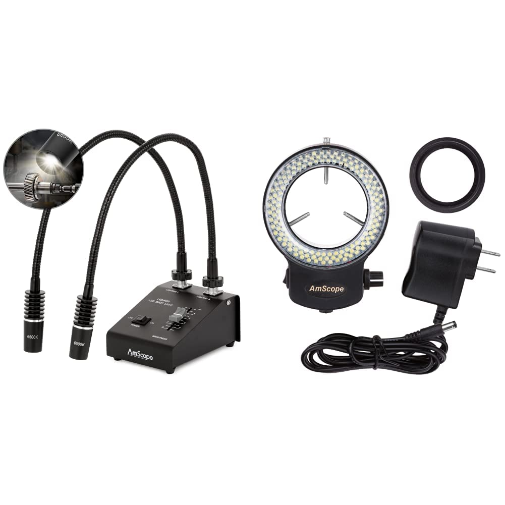 AmScope LED-6W 6Watt Dual Gooseneck Microscope Illuminator & LED-144B-ZK 144-LED Adjustable Ring Light for Stereo Microscopes, Cameras - with Power Adapter | Ideal for Lab Research, Jewelry Inspection, PCB Repair & Macro Photography