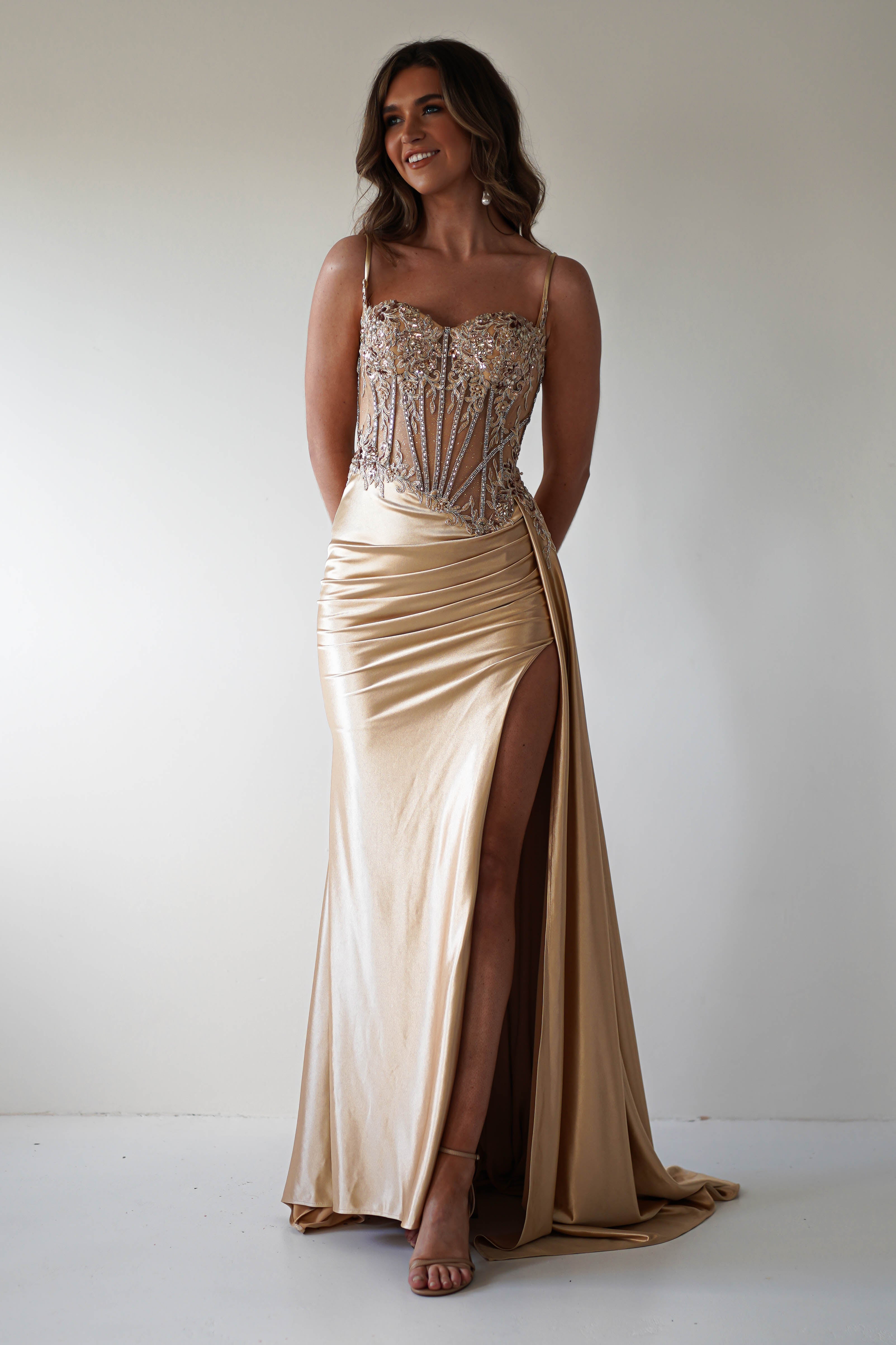 Elegant Diva Embellished Corset Gown in Gold | Formal Evening Dress for Prom, Wedding & Special Occasions