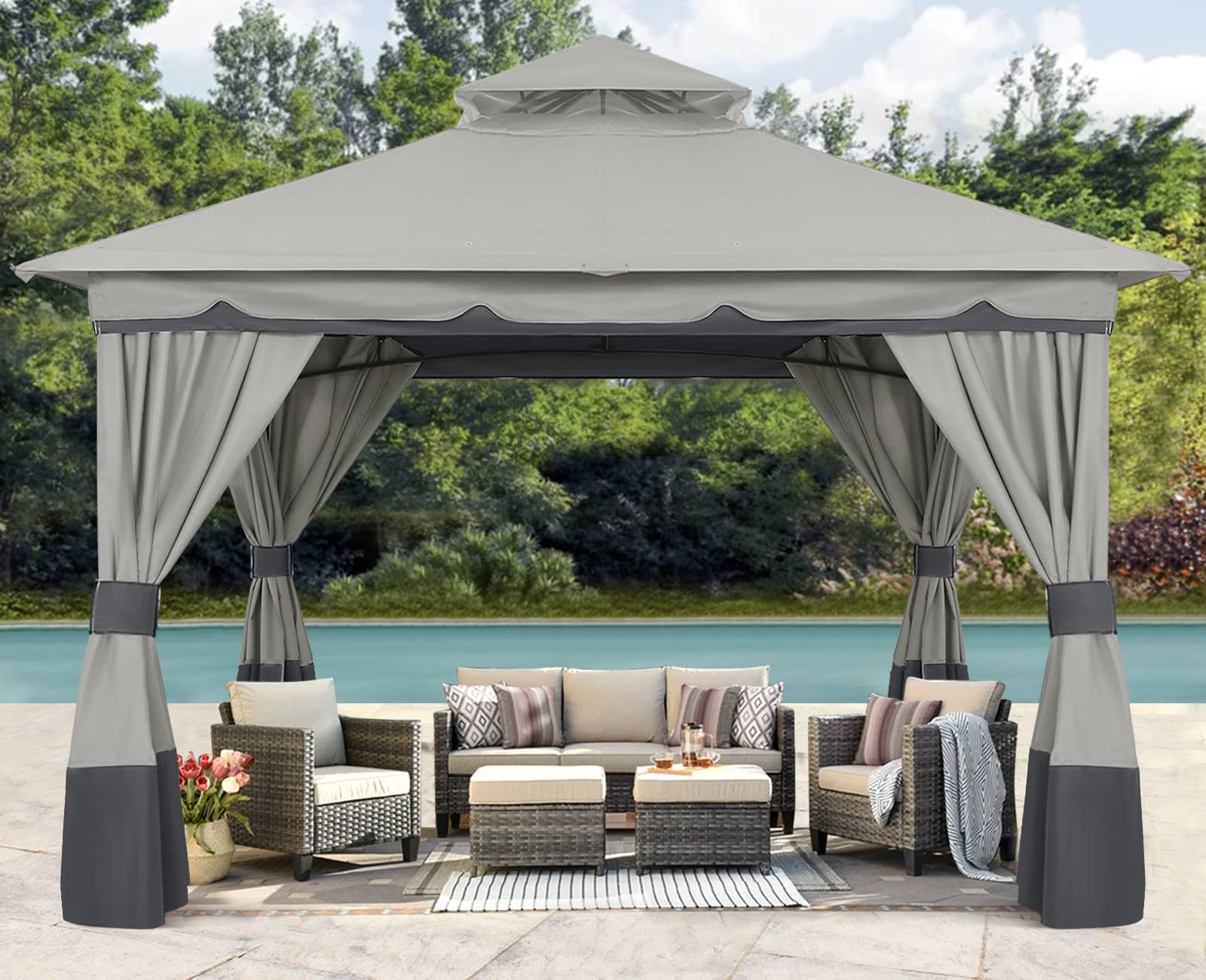 10'x10' ABCCANOPY Outdoor Gazebo with Double Roof & Shade Curtains - Light Gray Patio Canopy for Backyard, Garden, and Outdoor Parties