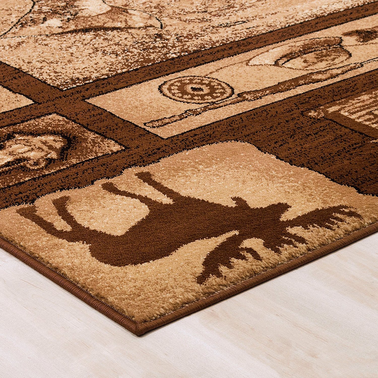 Country Themed Area Rug - Fish, Bear & Elk Cabin Design in Brown/Tan - 7'7