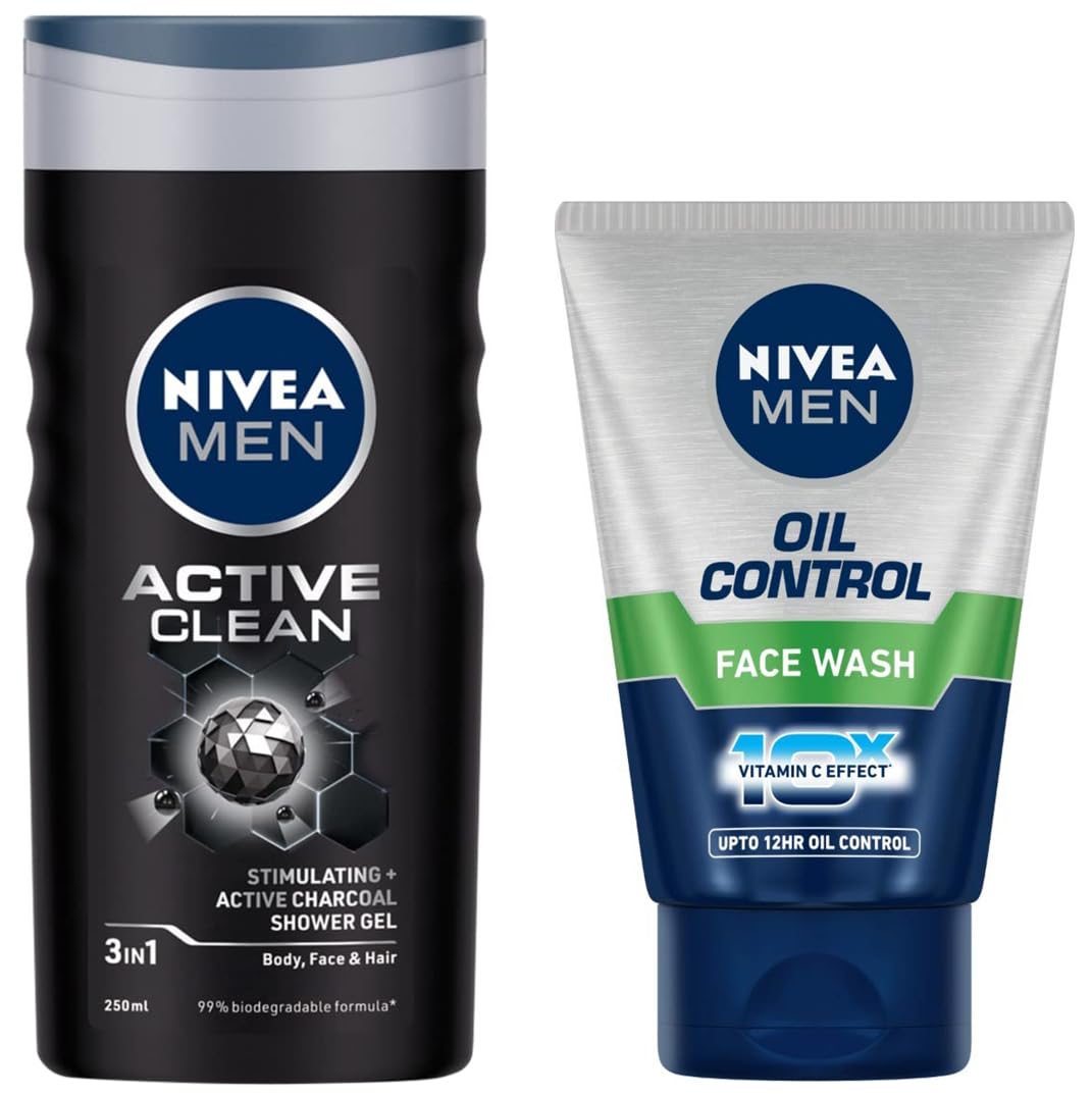 NIVEA Men Active Clean Shower Gel & Oil Control Face Wash with 10x Vitamin C - 250ml Body Wash & 100g Facial Cleanser for Men - Refreshing Daily Skincare Routine for Gym & Work