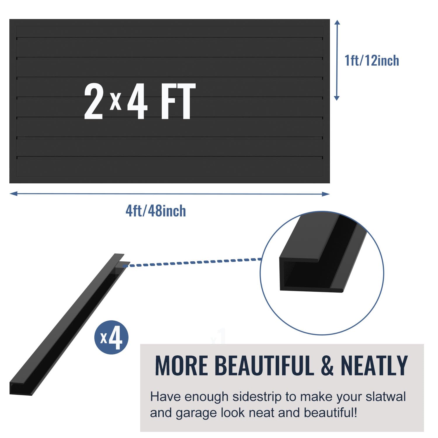 Heavy Duty PVC Slatwall Panel - 4 x 2 ft Black Garage Wall Organizer with Interlocking System | Wall Mounted Tool Storage Rack for Garage, Workshop, Retail Display & Home Organization