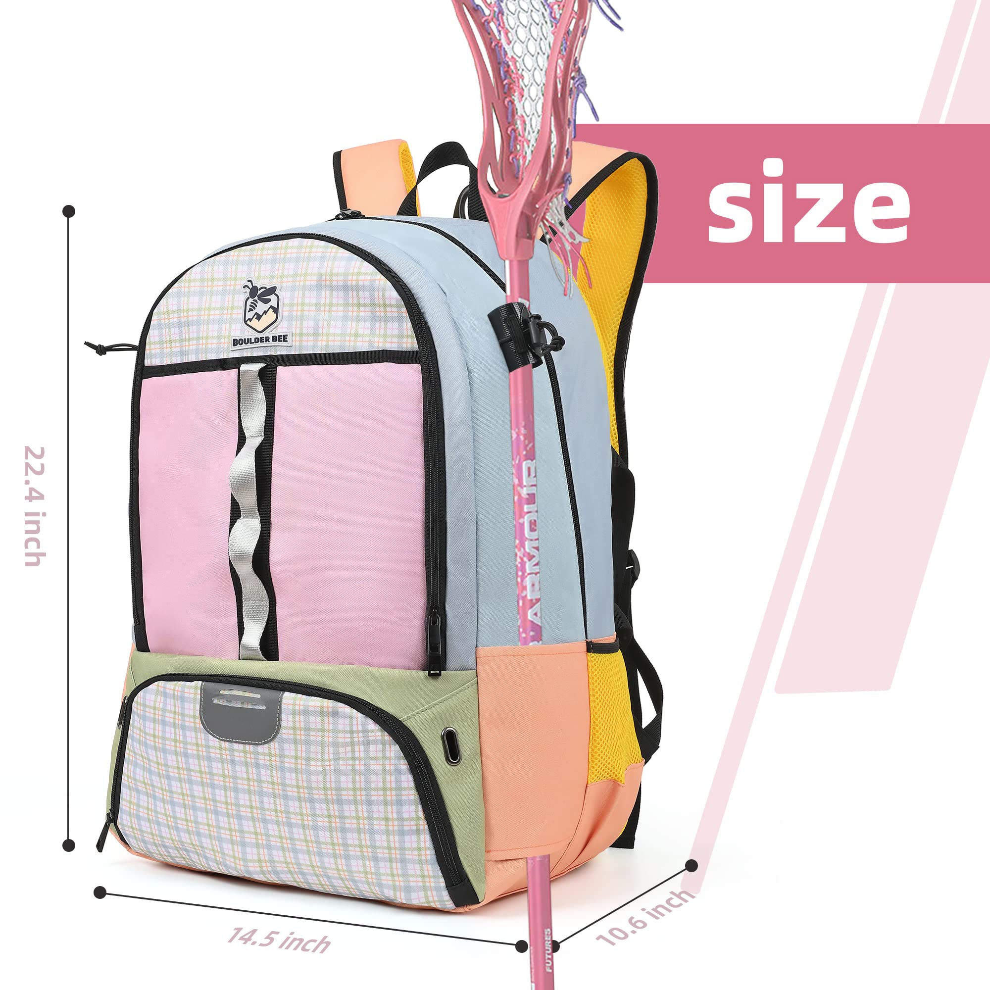 Boulder Bee Lacrosse Backpack with Stick Holders - Durable Field Hockey Sports Bag for Women & Girls - Perfect for Training, Games & Travel Accessories