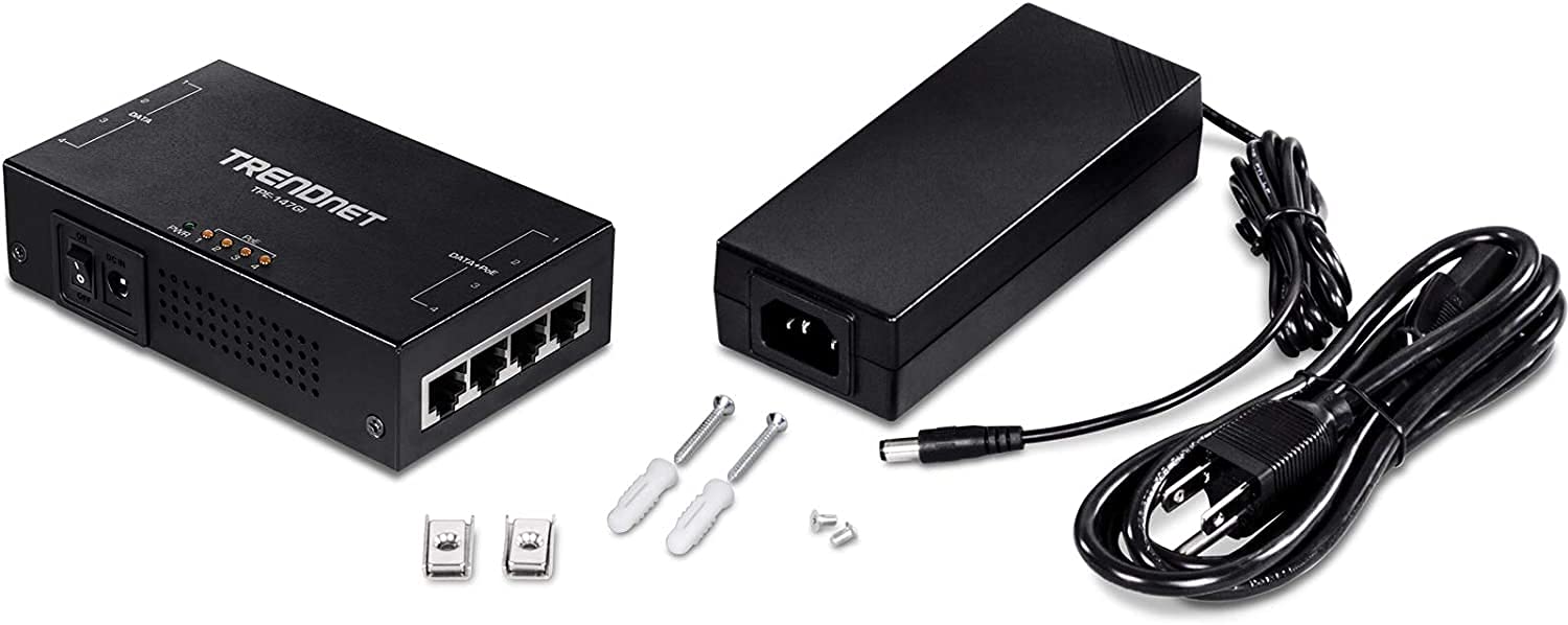 TRENDnet 65W 4-Port Gigabit PoE+ Injector (TPE-147GI) - 4x Gigabit Data Ports & 4x PoE+ Output Ports - Extend Power & Data Up to 328ft - Ideal for IP Cameras, VoIP Phones & Wireless Access Points
