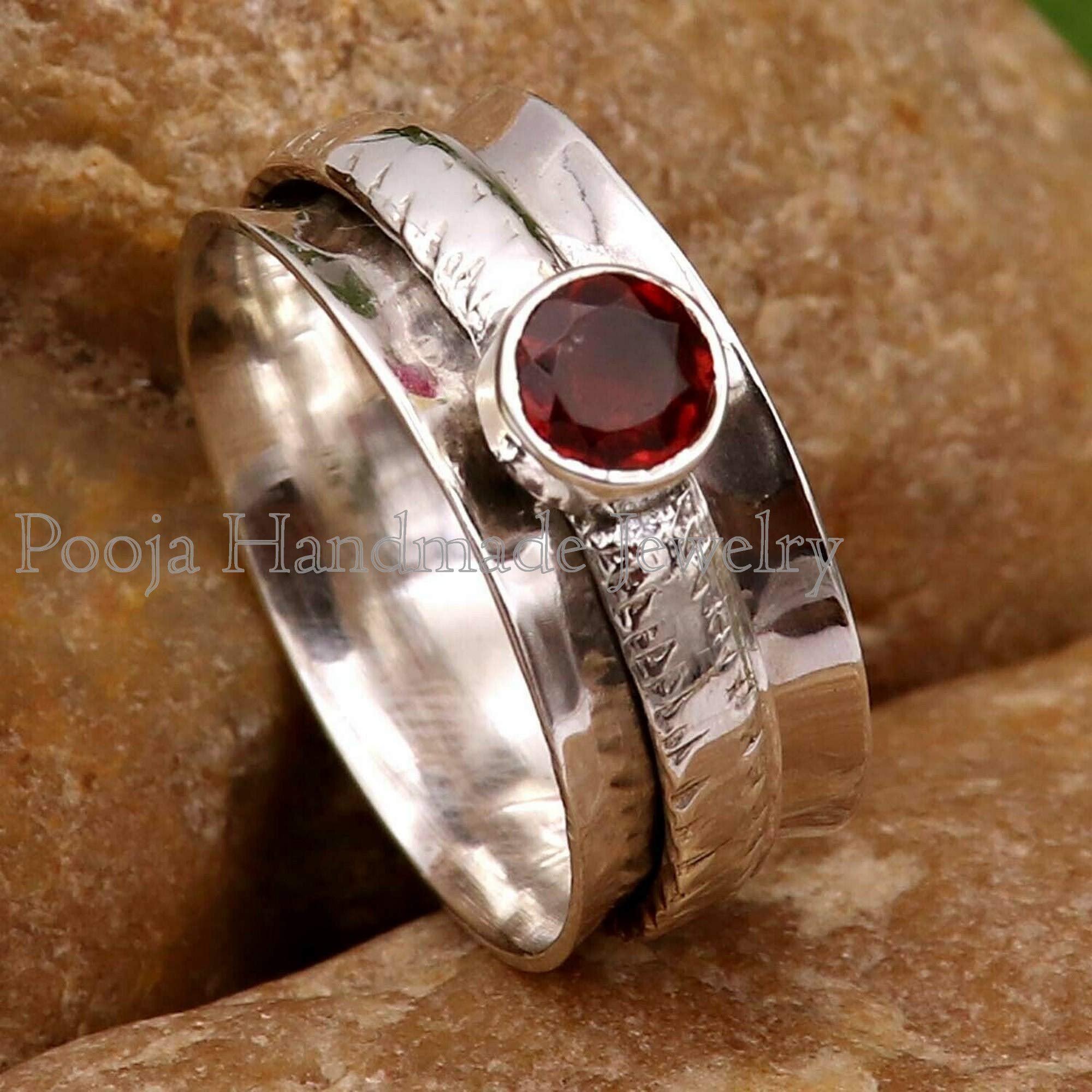 925 Sterling Silver Garnet Spinner Ring for Women - Anxiety Relief Thumb Ring, Wide Band Everyday Jewelry Gift - Perfect for Stress Relief, Meditation & Fashion Accessories