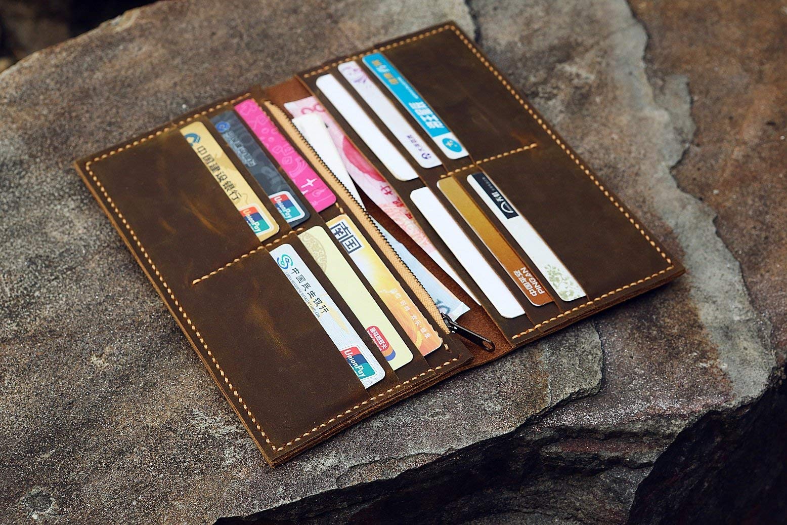 Distressed Leather Men's Long Bifold Wallet - Slim Vertical RFID Blocking Personalized Card Holder for Travel & Everyday Use (W005LZM) - Perfect for Business, Gifts & Minimalist Lifestyle