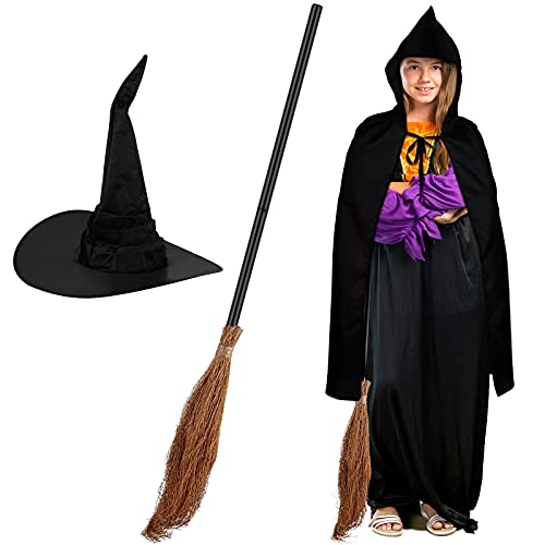 3 Pcs Witch Halloween Cosplay Costume Set - Hooded Long Cloak, Oversized Ruched Witch Hat & Broomstick for Adults - Perfect for Halloween Parties, Witch Themed Events & Cosplay Enthusiasts