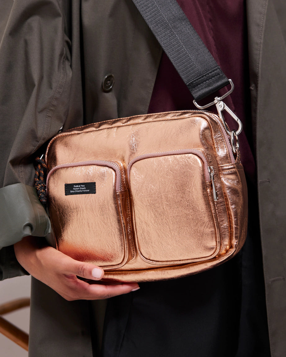 Premium Leather Messenger Pocket Bag - Apricot Metallic Crossbody Bag for Women & Men | Perfect for Work, Travel & Everyday Use