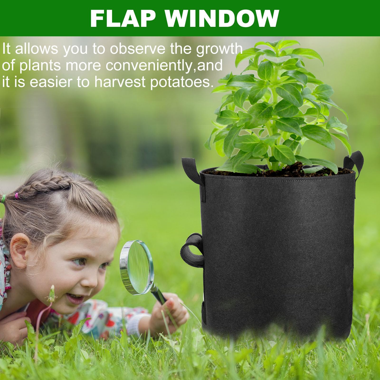 4-Pack 10 Gallon Potato Grow Bags with Viewing Window - Heavy Duty Aeration Fabric Plant Pots with Handles for Gardening, Vegetables & Root Crops (Black) - Perfect for Patio, Balcony & Indoor Planting