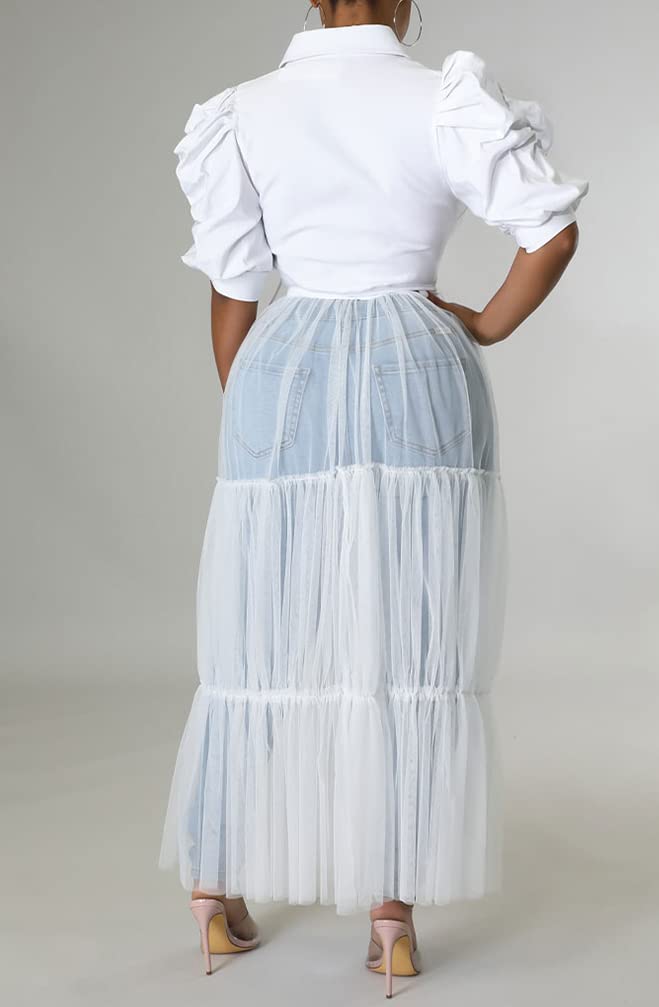 Choichic Women's High Waist Sheer Mesh Patchwork Maxi Dress - Button Down Long Tunic with Belt | Summer Casual, Beach Cover Up, Boho Chic Outfit