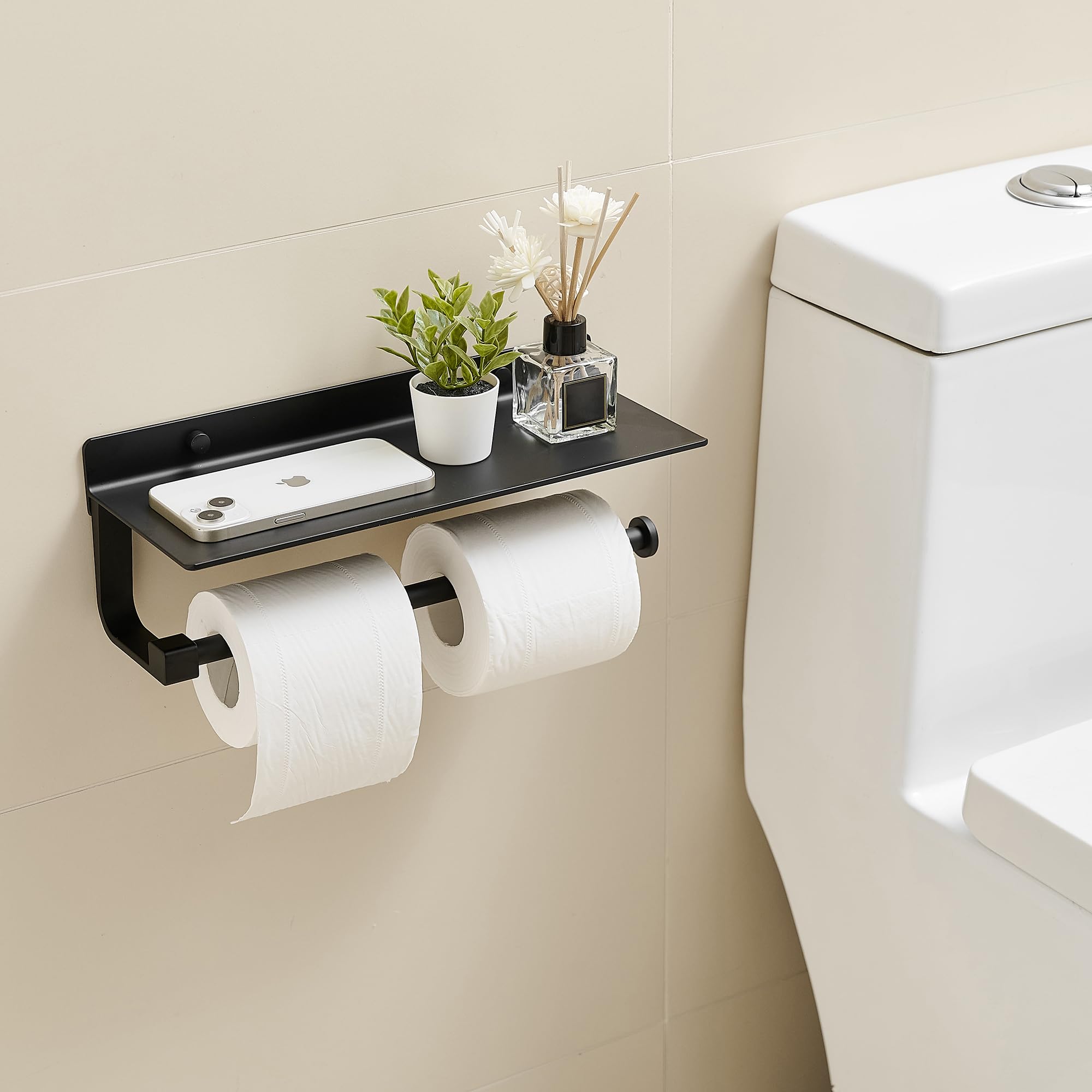 JOOM Black Wall Mounted Hand Towel Holder with Shelf - Bathroom & Kitchen Paper Towel Organizer - Perfect for Small Spaces, RVs, and Laundry Rooms