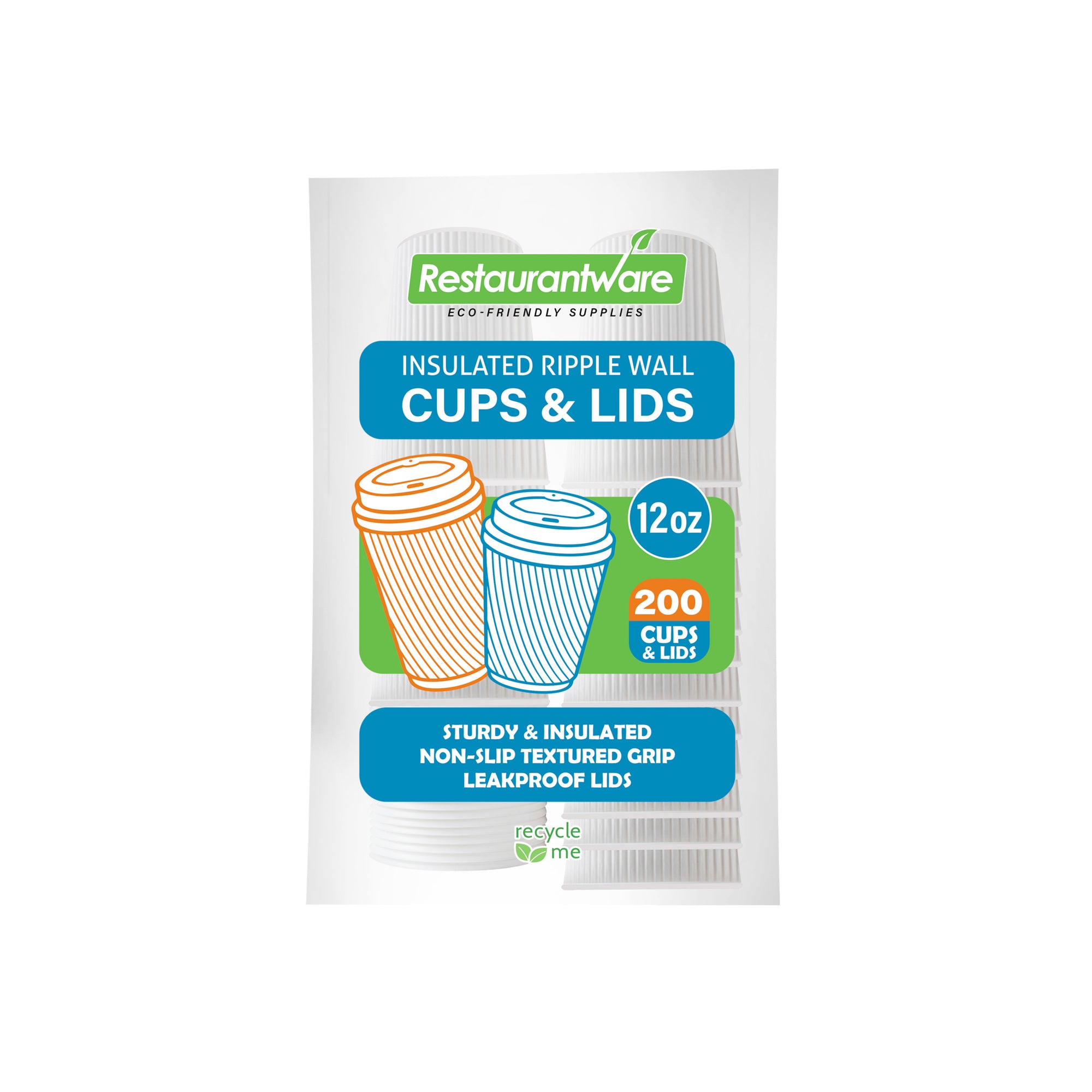12 oz White Paper Ripple Wall Coffee Cups with White Lids - 3.5