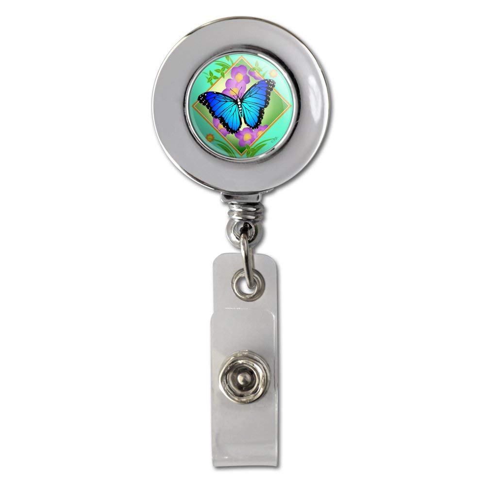 Blue Butterfly Purple Flowers Retractable Badge Reel with Chrome Clip - ID Card Holder for Work, Events, and Nursing Professionals