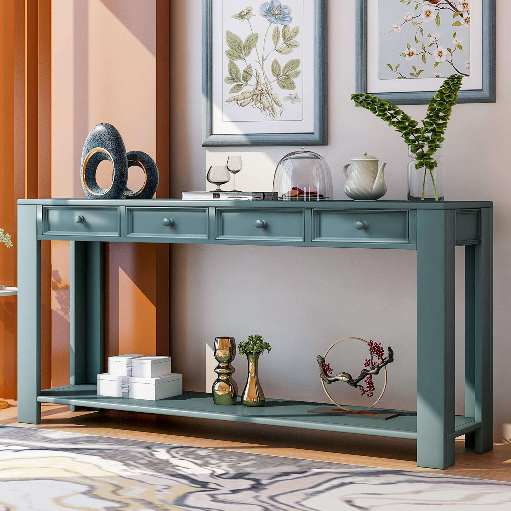 Dark Blue Console Table with 4 Storage Drawers & Bottom Shelf - Long Sofa Table for Entryway, Hallway or Living Room - Perfect for Home Decor & Organization