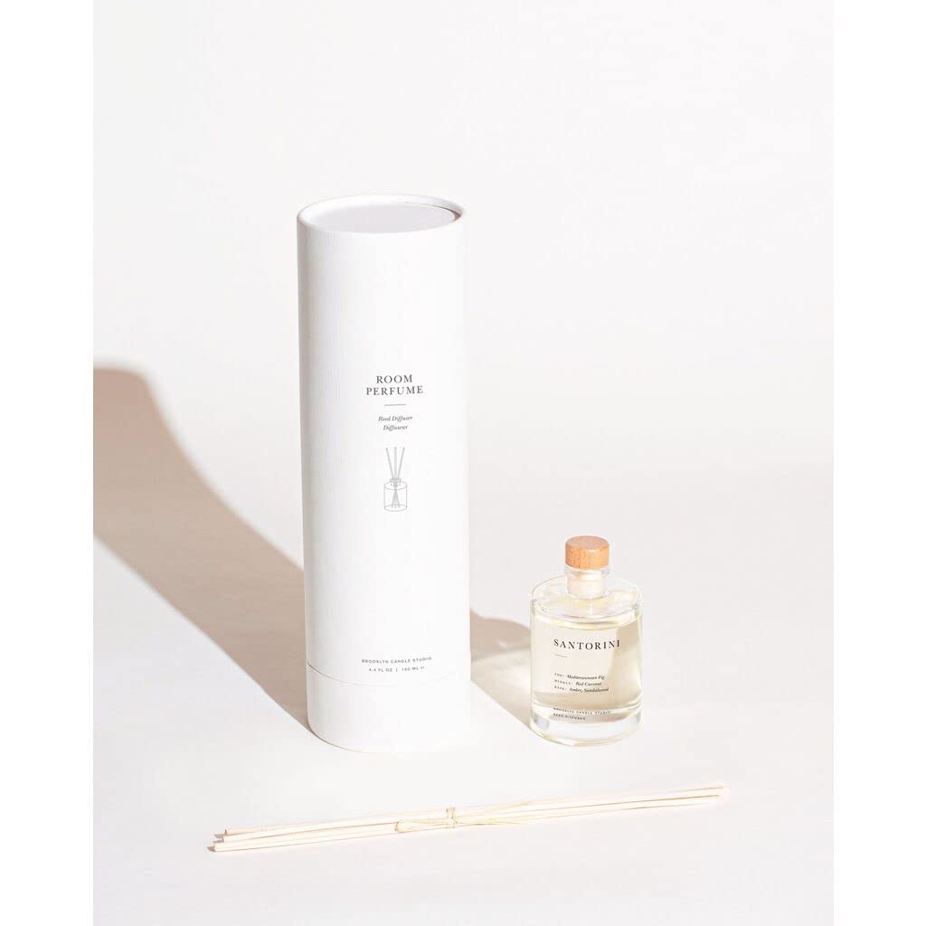 Brooklyn Candle Studio Santorini Reed Diffuser - Sandalwood & Amber Scented Oil, 8 Rattan Reeds, 4.4oz Aromatherapy for Home, Office & Spa Relaxation - Clean Ingredients, Long-Lasting Fragrance