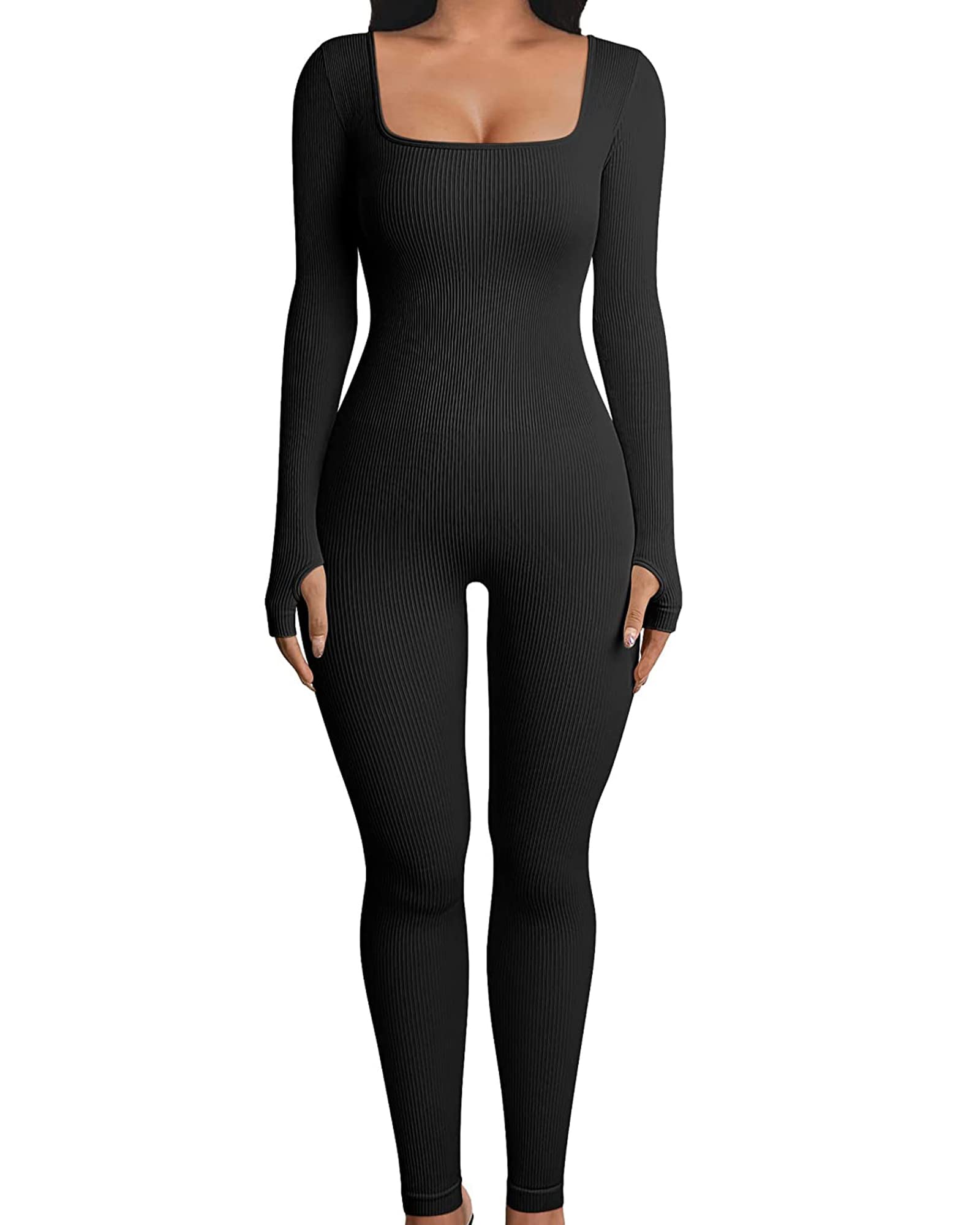 YILEEGOO Women's Sexy Ribbed Long Sleeve Scoop Neck Bodycon Jumpsuit - Stretchy Slim Fit Romper for Clubwear, Date Night & Casual Outfits