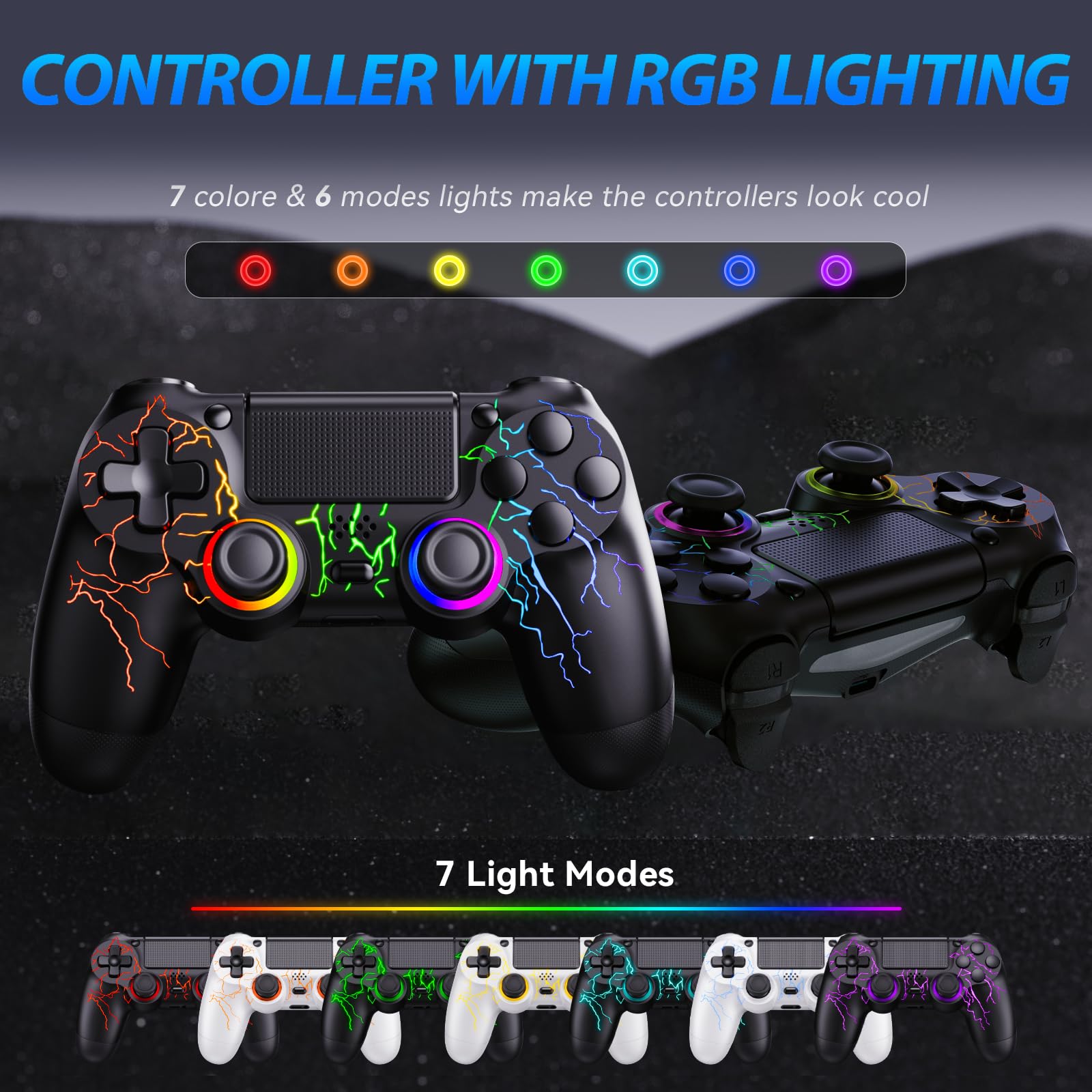 PS4 Wireless Controller 2-Pack - RGB LED, Hall Effect Joystick, Dual Vibration for Gaming on PS4/Slim/Pro/PC