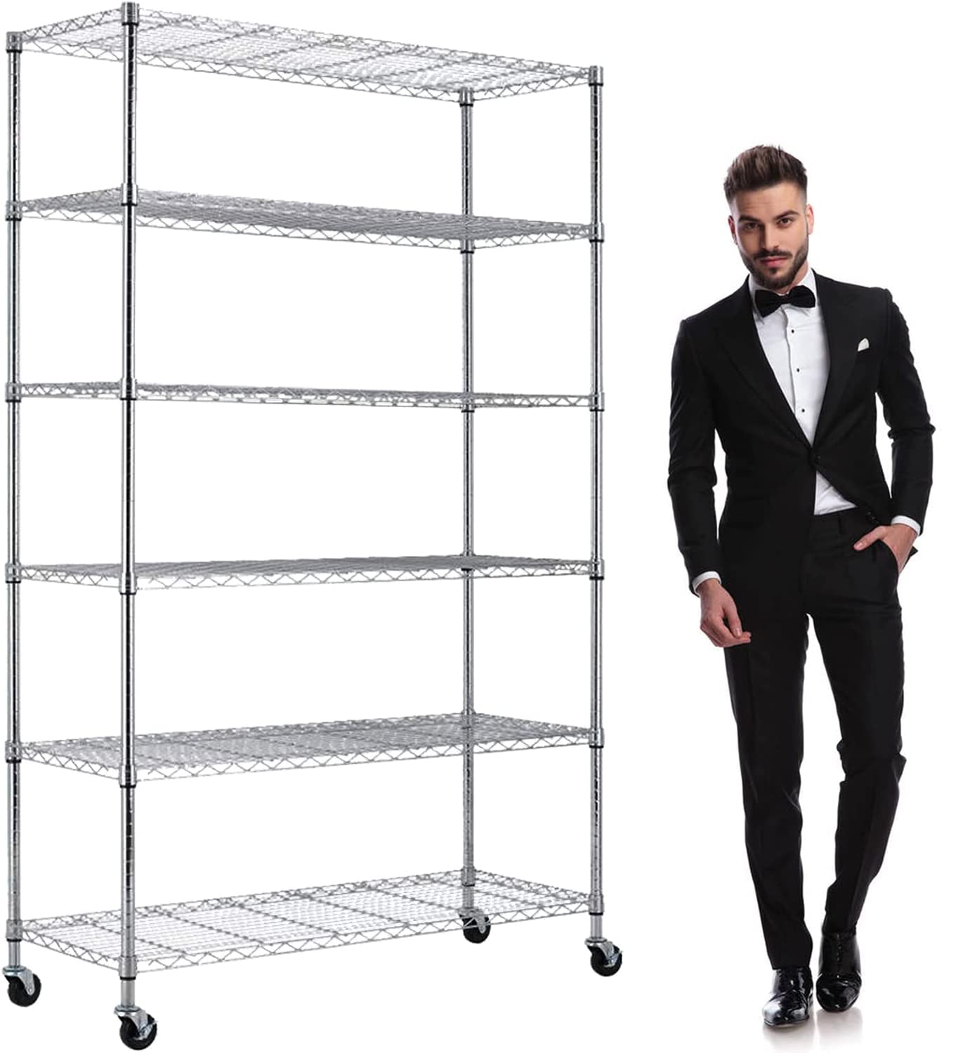 6-Tier Heavy Duty Metal Shelving Unit with Wheels - Adjustable Height 48