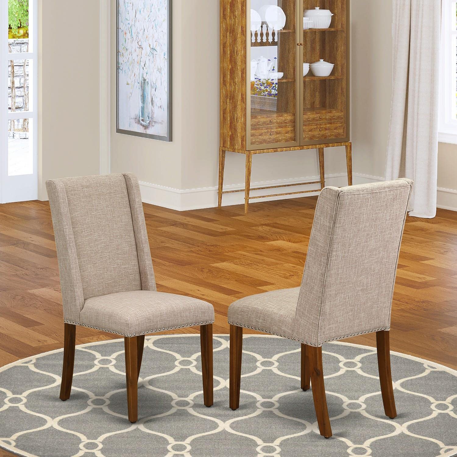 East West Furniture FLP8T04 Florence Parson Dining Chairs Set of 2 - Light Tan Linen Upholstery with Nailhead Trim & Walnut Finish | Elegant Dining Room Seating for Formal Dinners & Home Decor