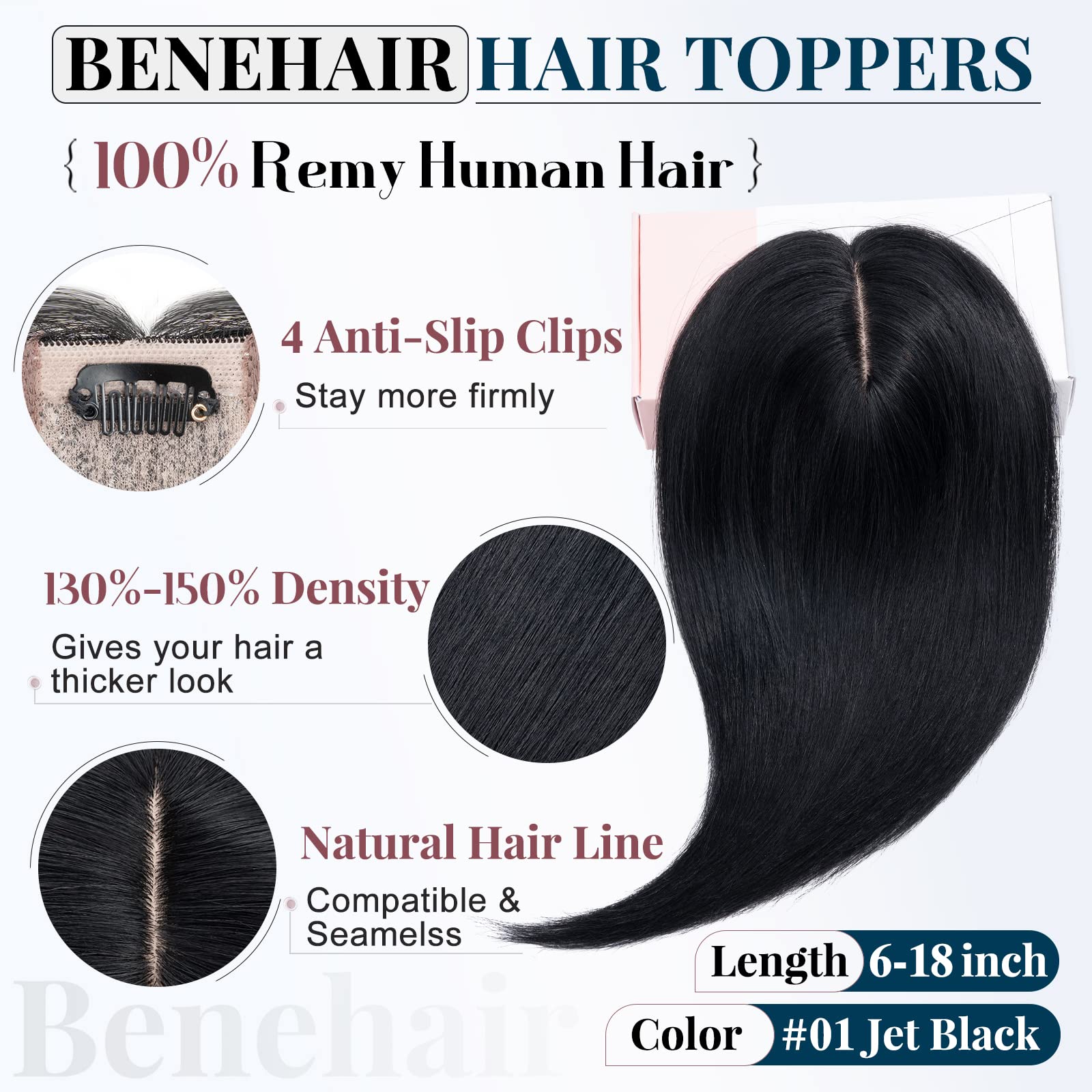 Benehair Clip-in Human Hair Topper for Women with Thinning Hair - 12